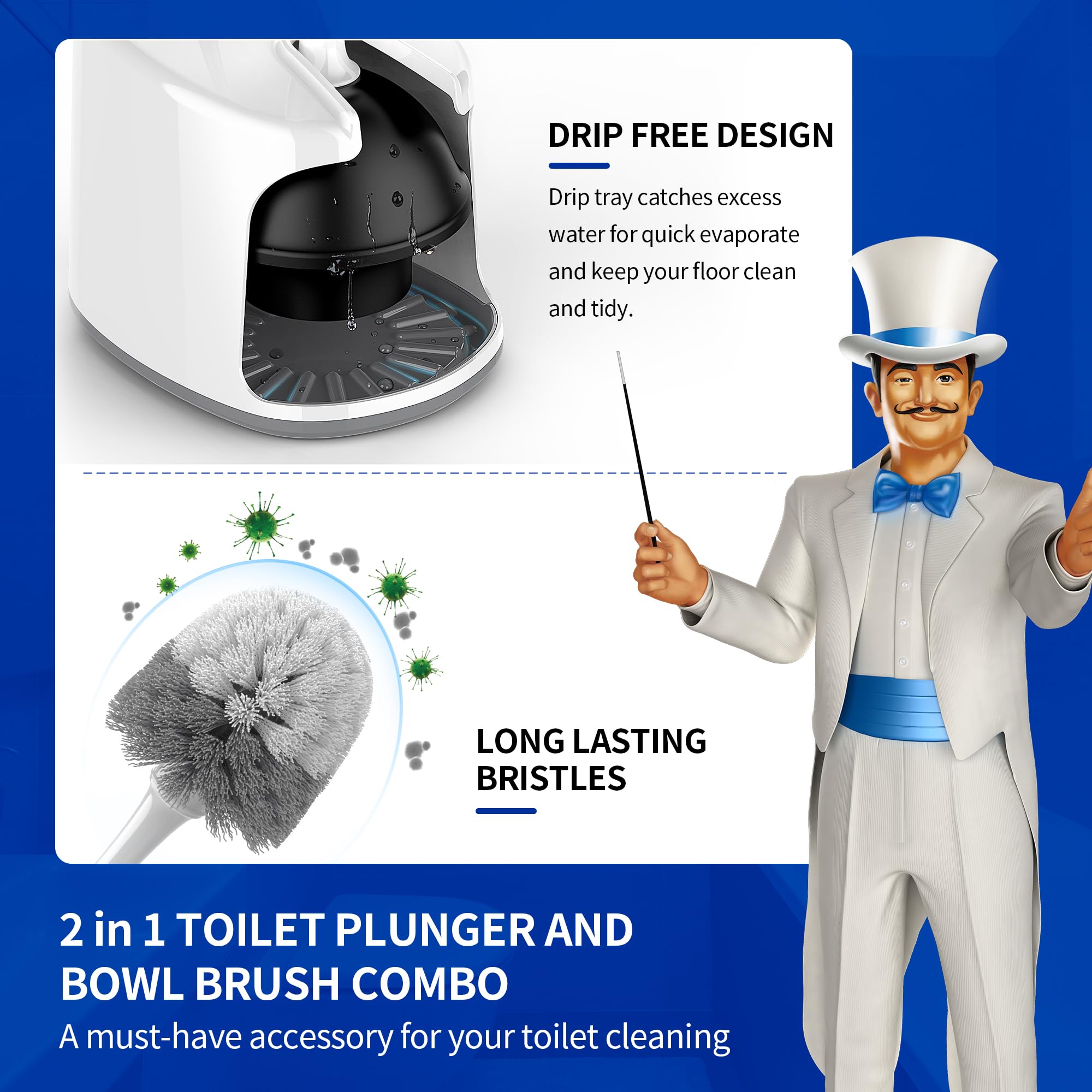 Mr.Siga Toilet Plunger And Bowl Brush With Holder, Heavy Duty Toilet Brush And Plunger Set For Bathroom Cleaning, White, 1 Set