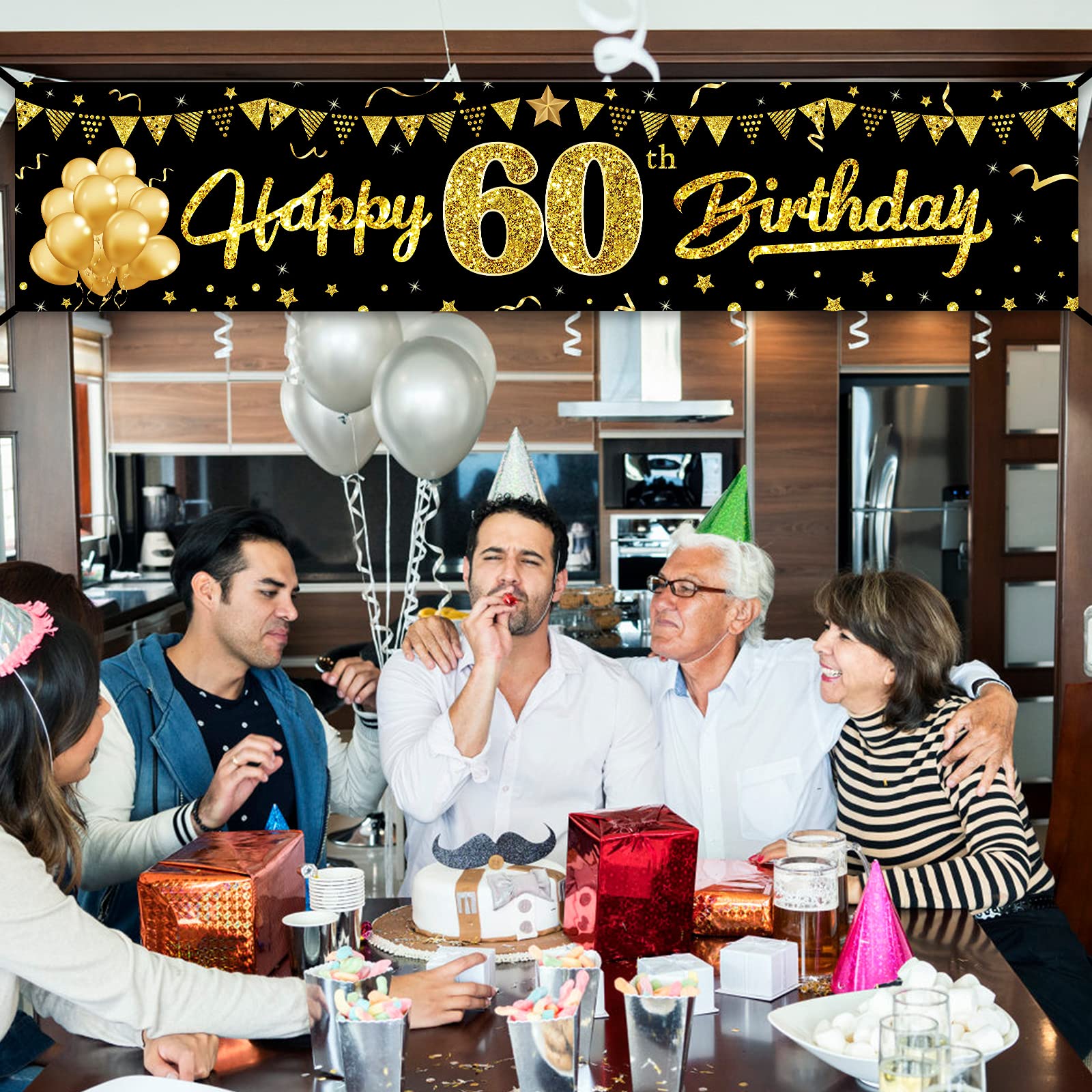Happy 60Th Birthday Banner Decorations For Men Women, Black Gold 60 Birthday Sign Party Supplies For Yard, Funny Sixty Birthday
