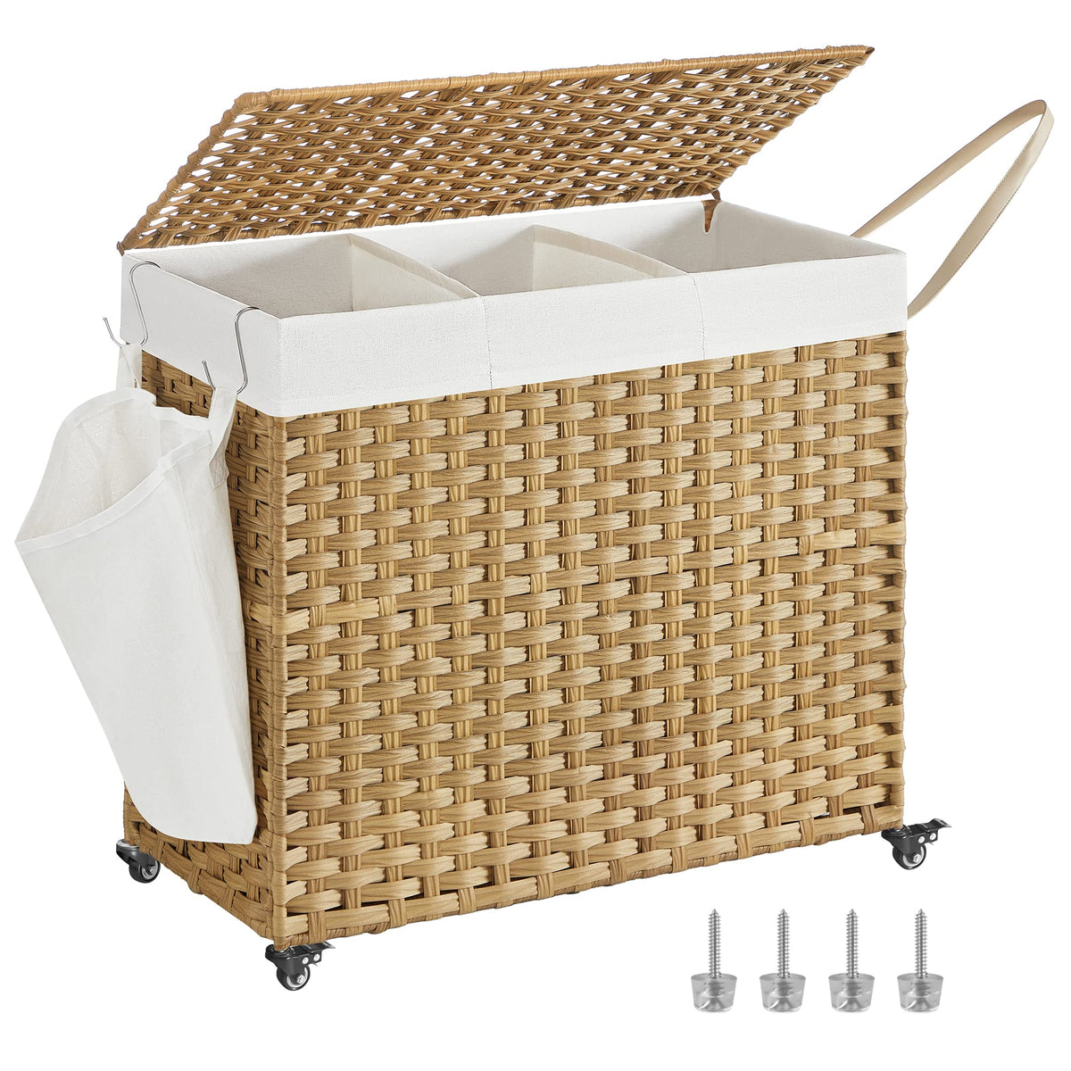 Songmics Laundry Hamper With Lid, 42.3 Gallons (160 L), Rolling Laundry Basket With Wheels, 3-Section Synthetic Rattan, Removabl