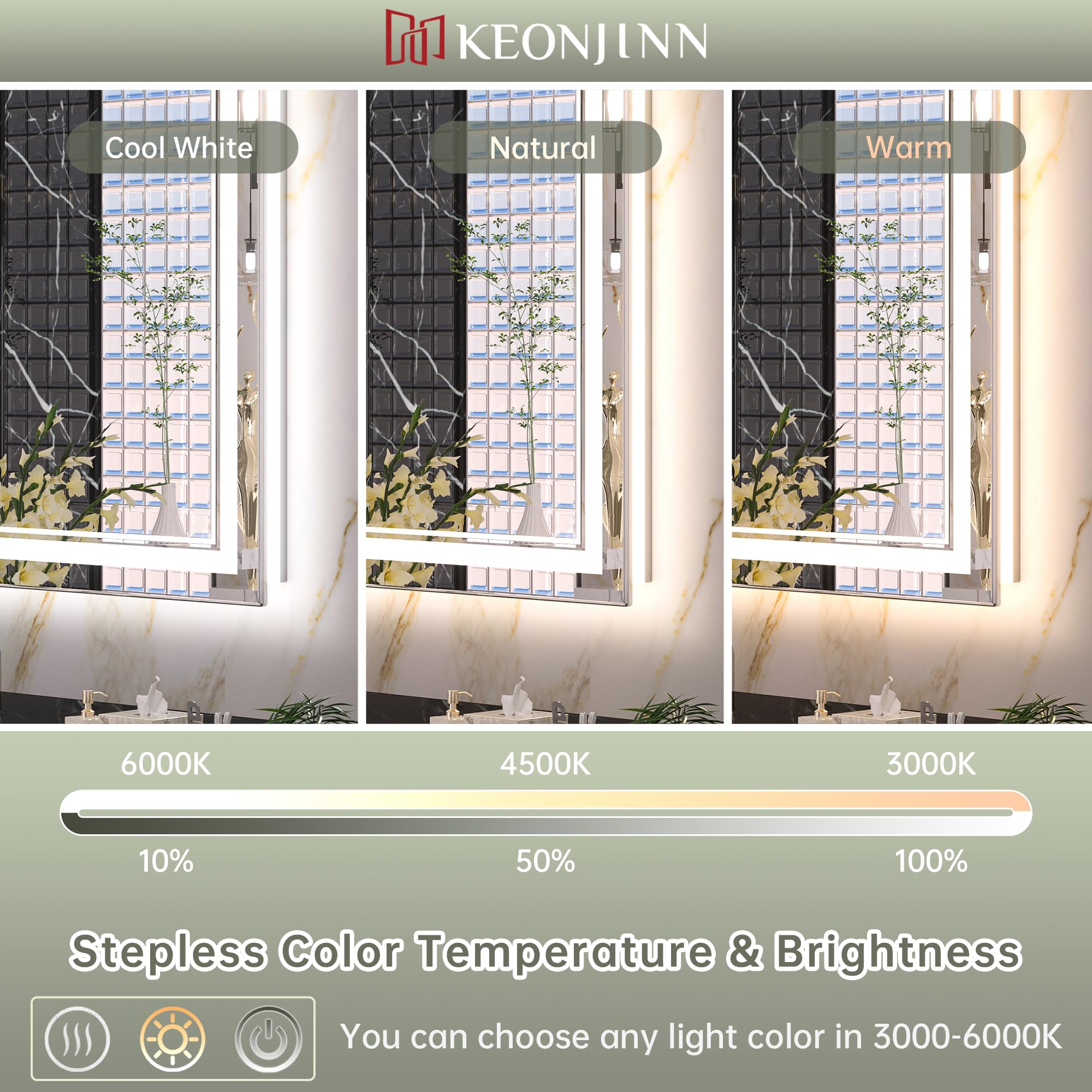 Keonjinn Led Mirror For Bathroom 60'' X 30'' Frontlit And Backlit, Large Stepless 3 Colors Temperature & Dimmable Wall Mirror, U