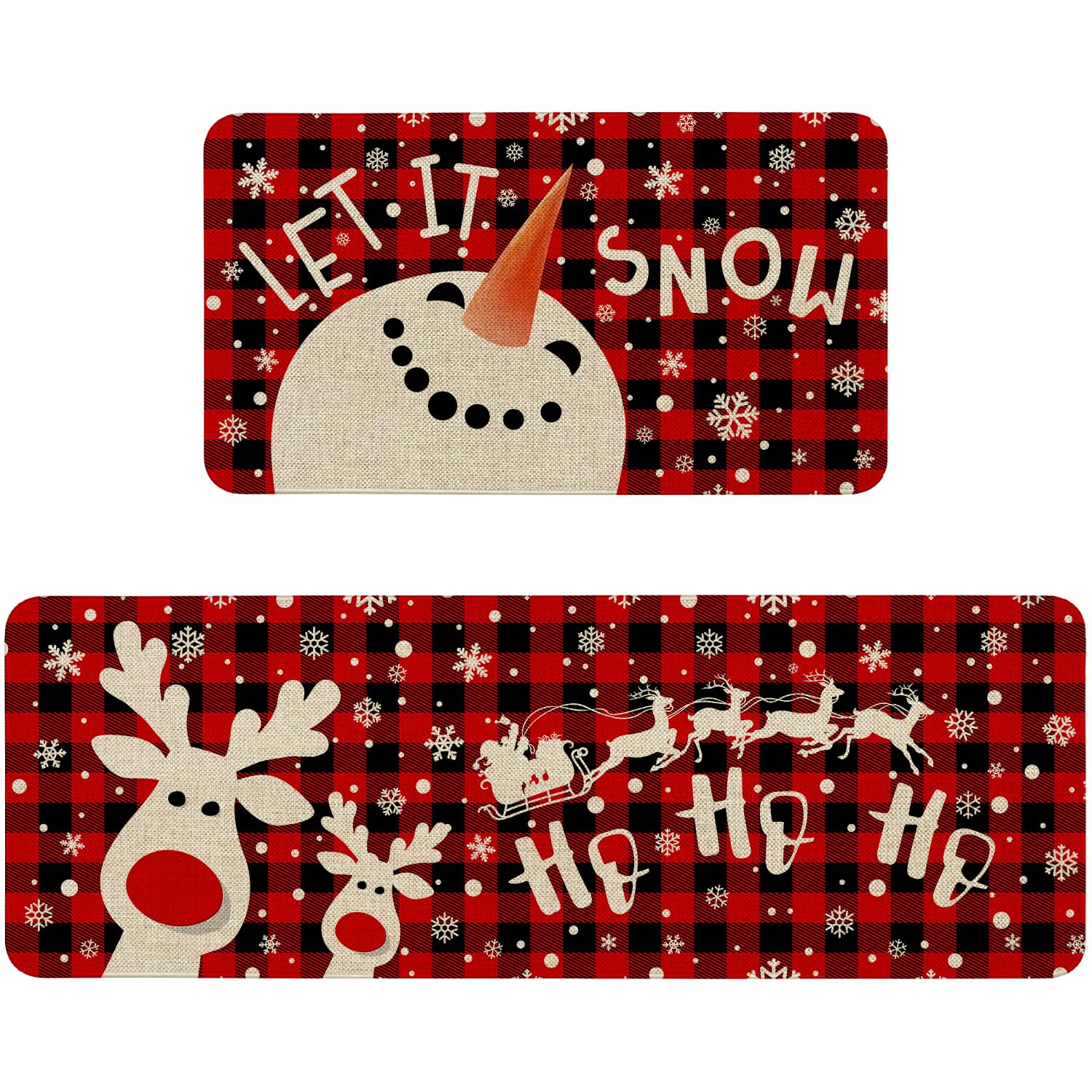 Christmas Kitchen Mat Decor, Snowman Reindeer Winter Holiday Christmas Kitchen Rugs Sets of 2, Red Buffalo Plaid Christmas Rugs 