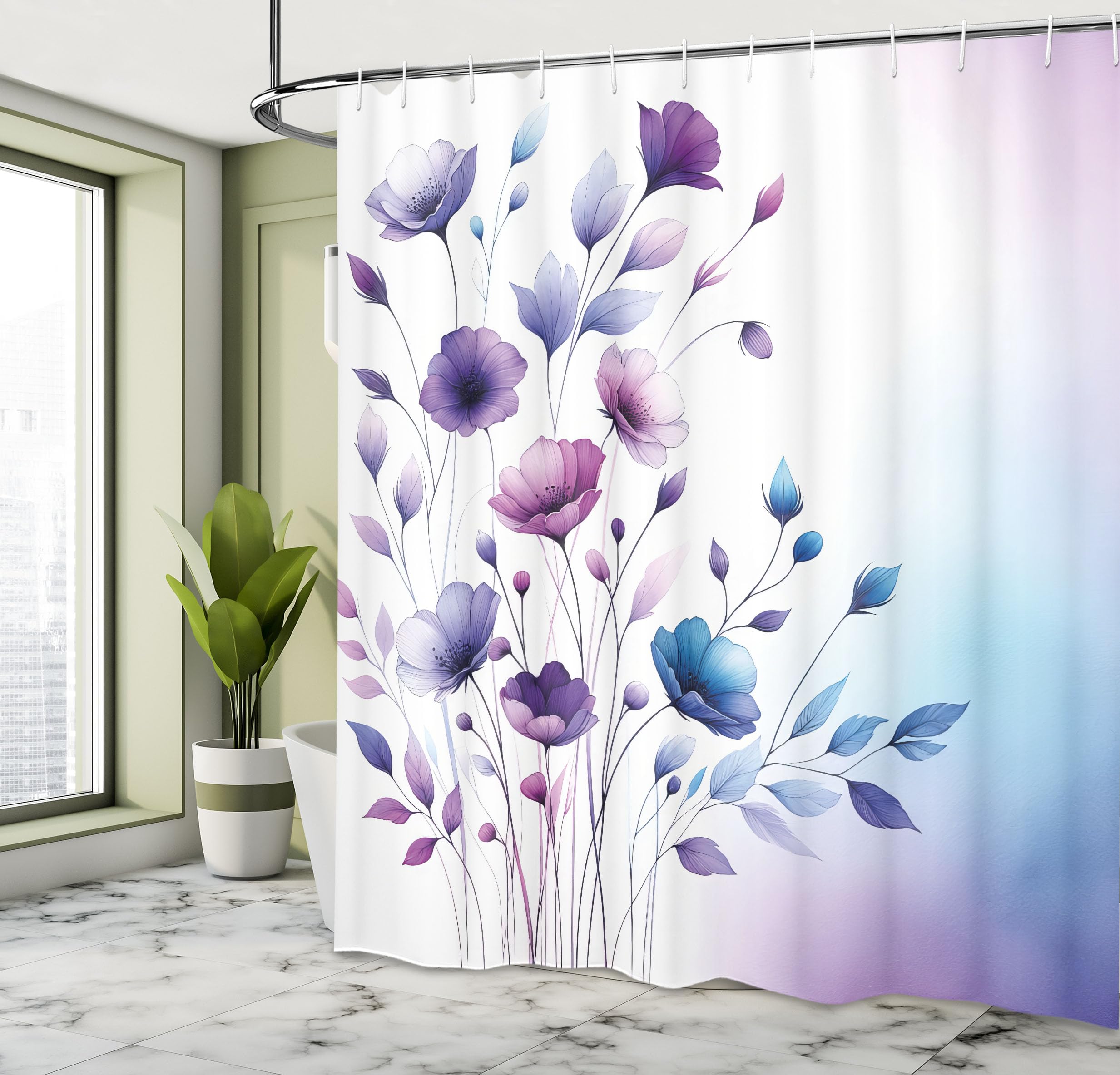 Ambesonne Purple Shower Curtain, Whimsical Cottage-Core Wild Pansy Flowers In Deep Tones On Smokey Back, Cloth Fabric Bathroom D