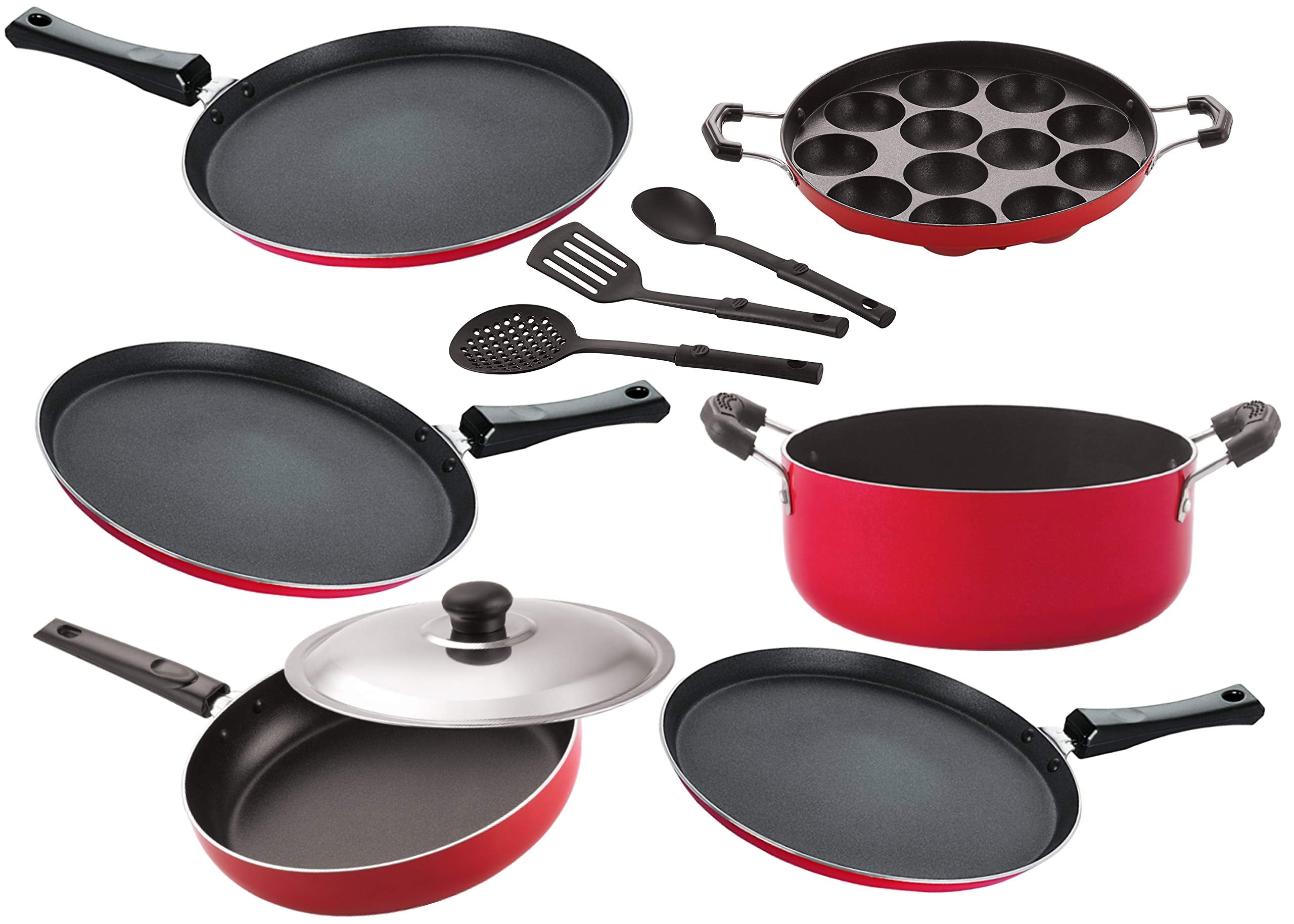 Nirlon Non Stick Aluminium Cookware Set Of 9 Pieces (26_Ft12_Ft13_Ap_Ft10_Cass20_Fp12_3Spn)