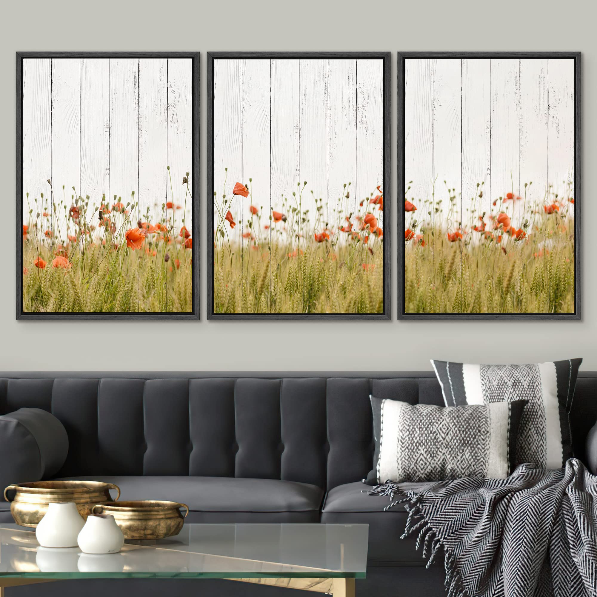 Signwin Framed Canvas Print Wall Art Set Wood Panel Style Red Poppy Flowers Nature Wilderness Illustrations Modern Art Decorativ