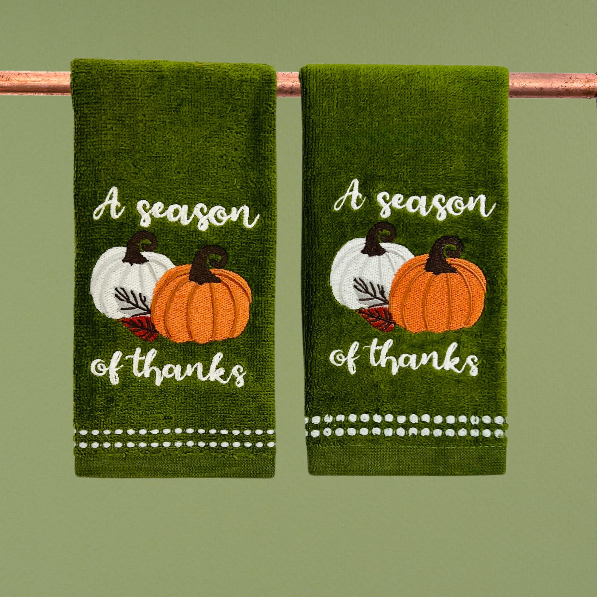 Serafina Home Autumn Fall Bath Fingertip Towels, Forest Olive Dark Green, 100% Cotton, Embroidered A Season Of Thanks Pumpkin De
