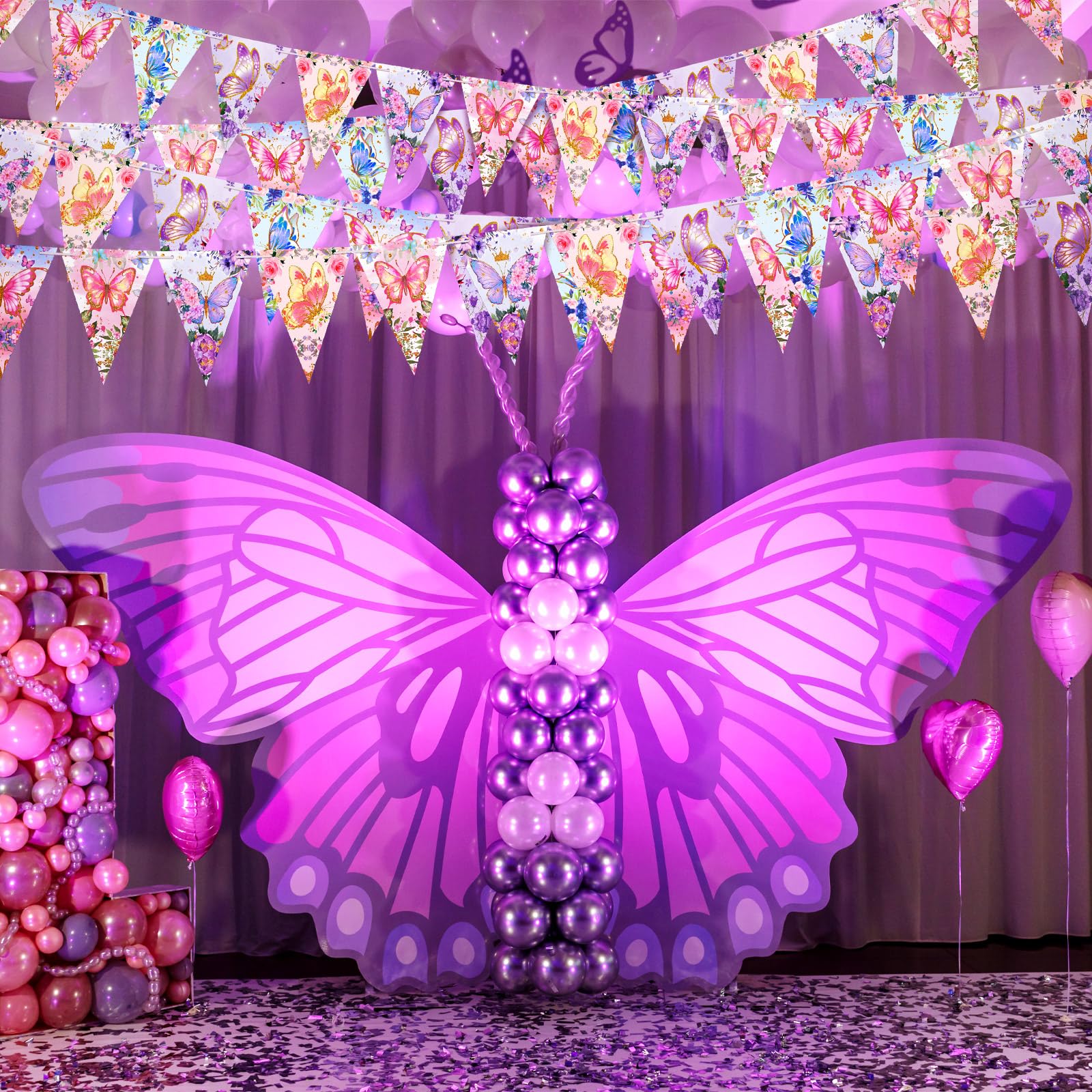 Weekgrat 5 Pieces 49 ft Butterfly Birthday Banner Decorations Butterfly Party Supplies Paper Flower Pennant Triangle for Baby Sh