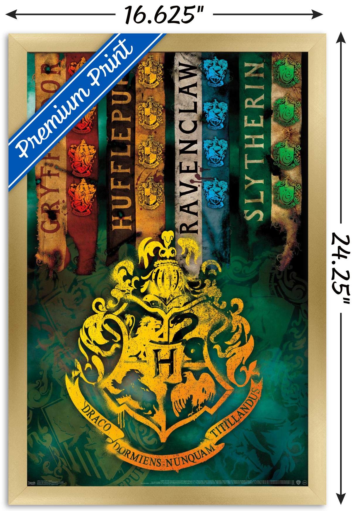 Trends International The Wizarding World: Harry Potter - House Crests Wall Poster, 14.725'' X 22.375'', Gold Framed Version