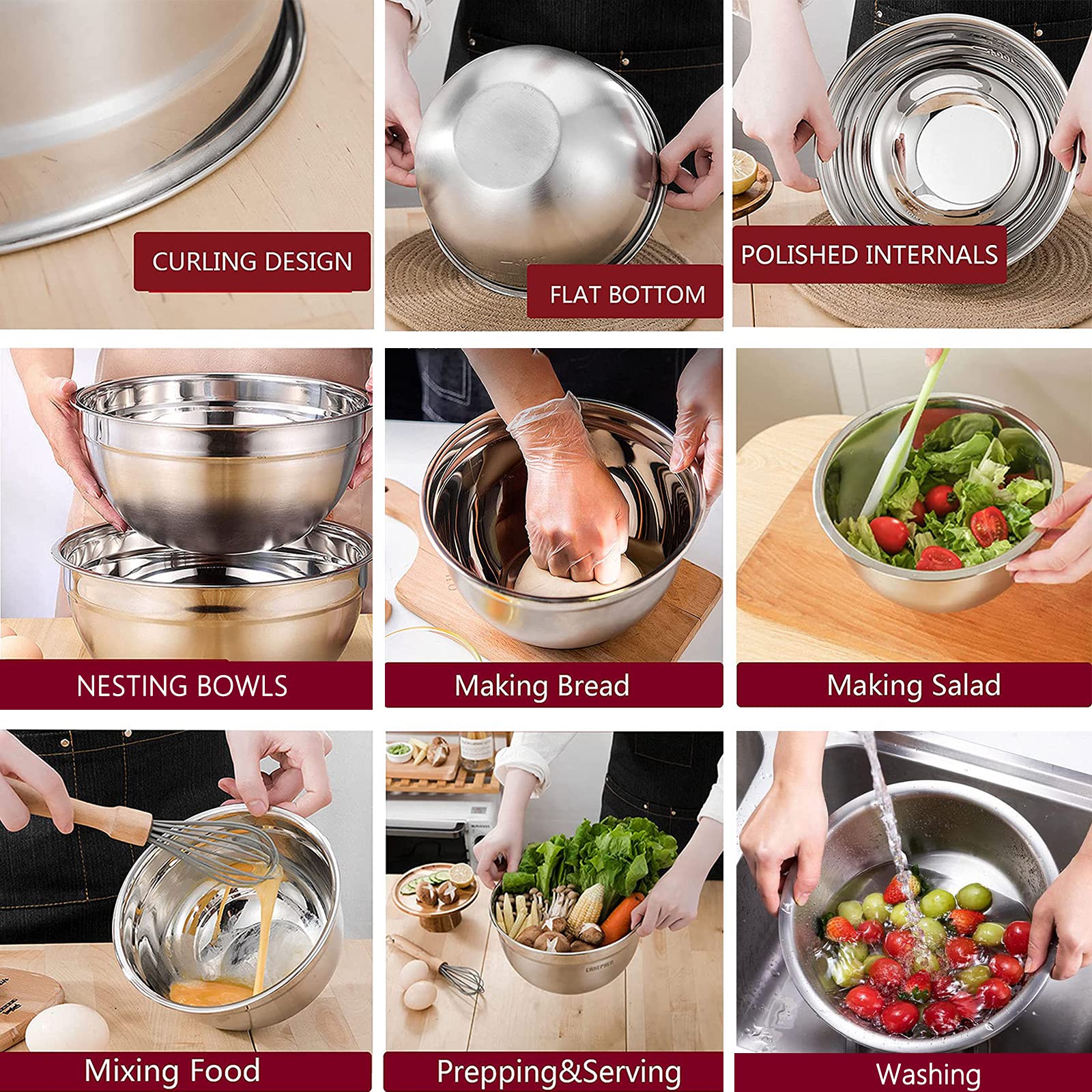 Mikula Mixing Bowls, Mixing Bowl Set With Lids, 22Pcs Large Stainless Steel Mixing Bowls & 400Ml Measuring Cups Spoons Storage N
