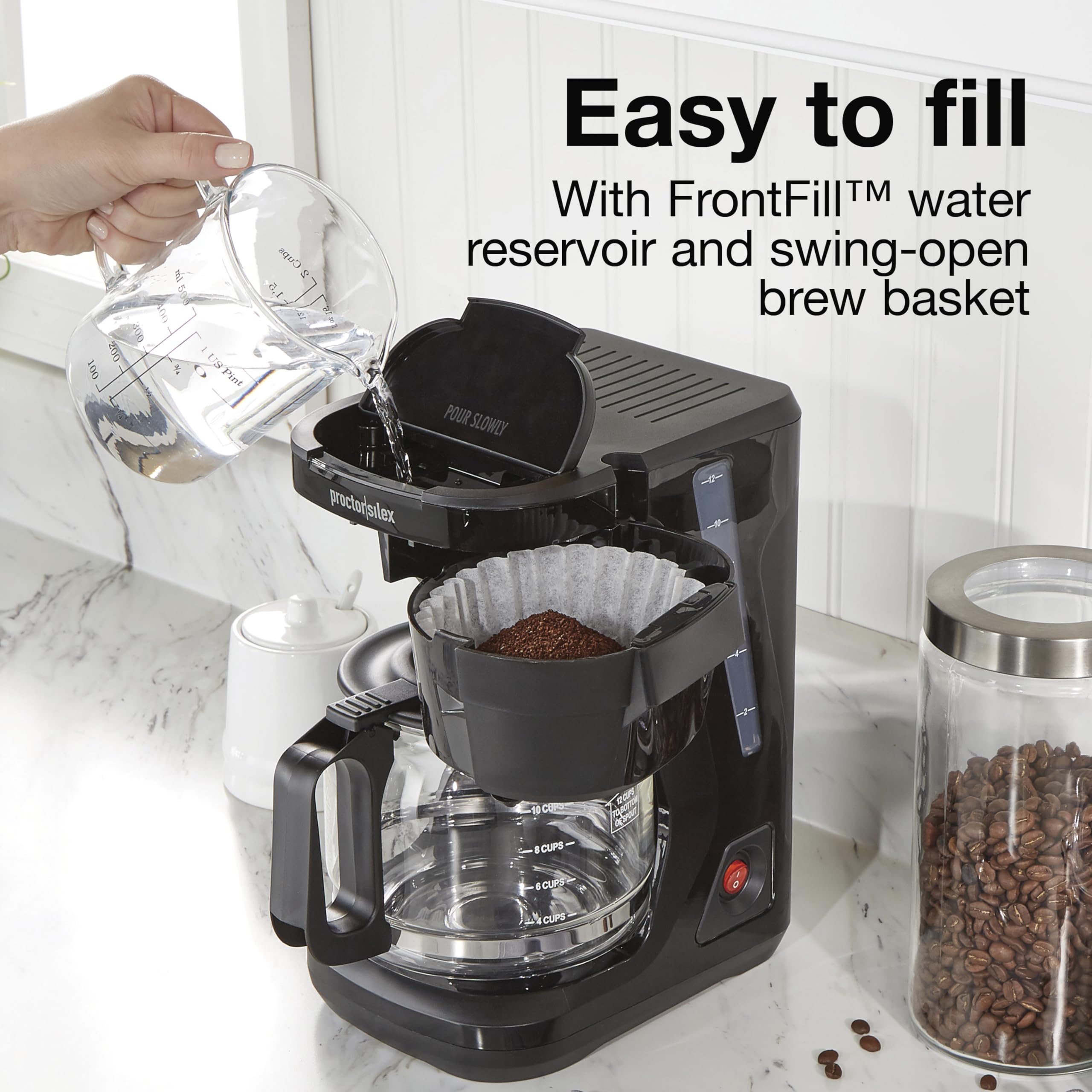 Proctor Silex Frontfill Drip Coffee Maker, Digital & Programmable, 12 Cup Glass Carafe, Black And Silver (43685Ps)