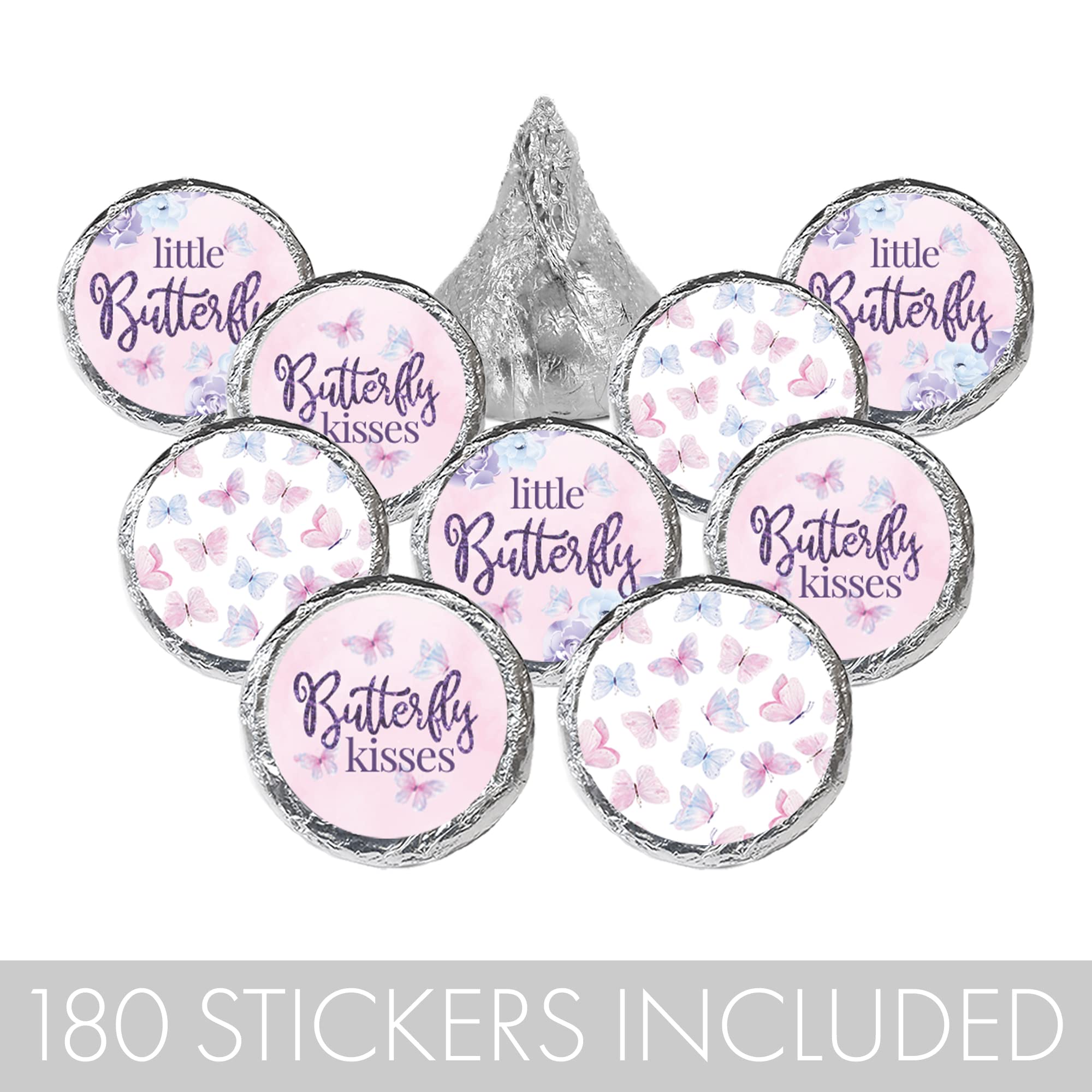 Butterfly Girl Baby Shower Party Favor Stickers, A Little Butterfly Is On Her Way - It'S A Girl Pink And Purple Kisses Candy Lab