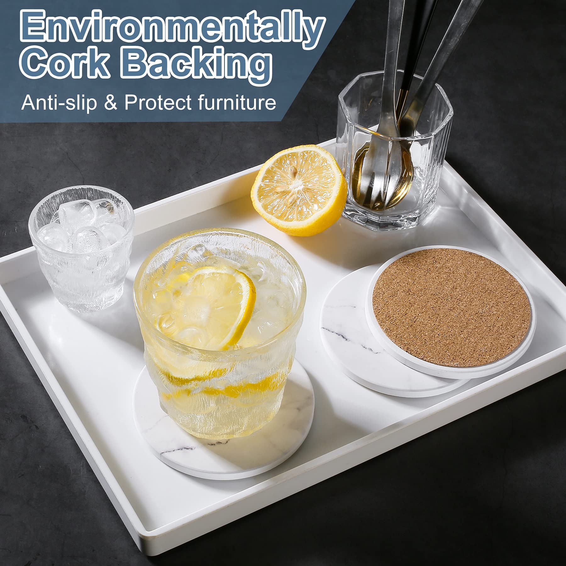 Absorbent Coasters For Drinks,Ceramic Coaster Set Of 6 With Holder, Durable Cup Coaster For Coffee Table With Cork Base For Tabl