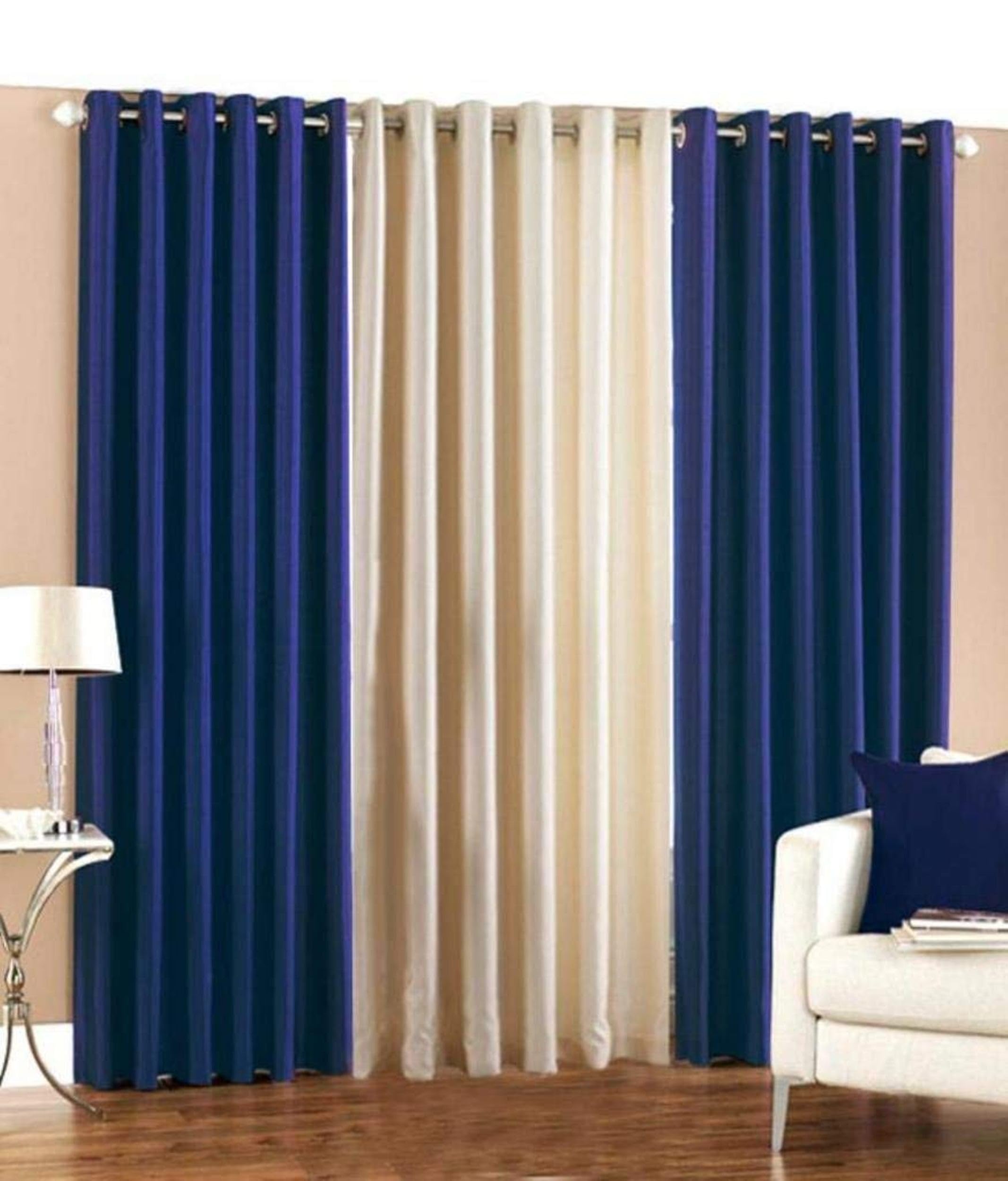 Galaxy Home Decor Solid Plain Curtains for Long Door 10 Feet, Pack of 3, Blue & Cream