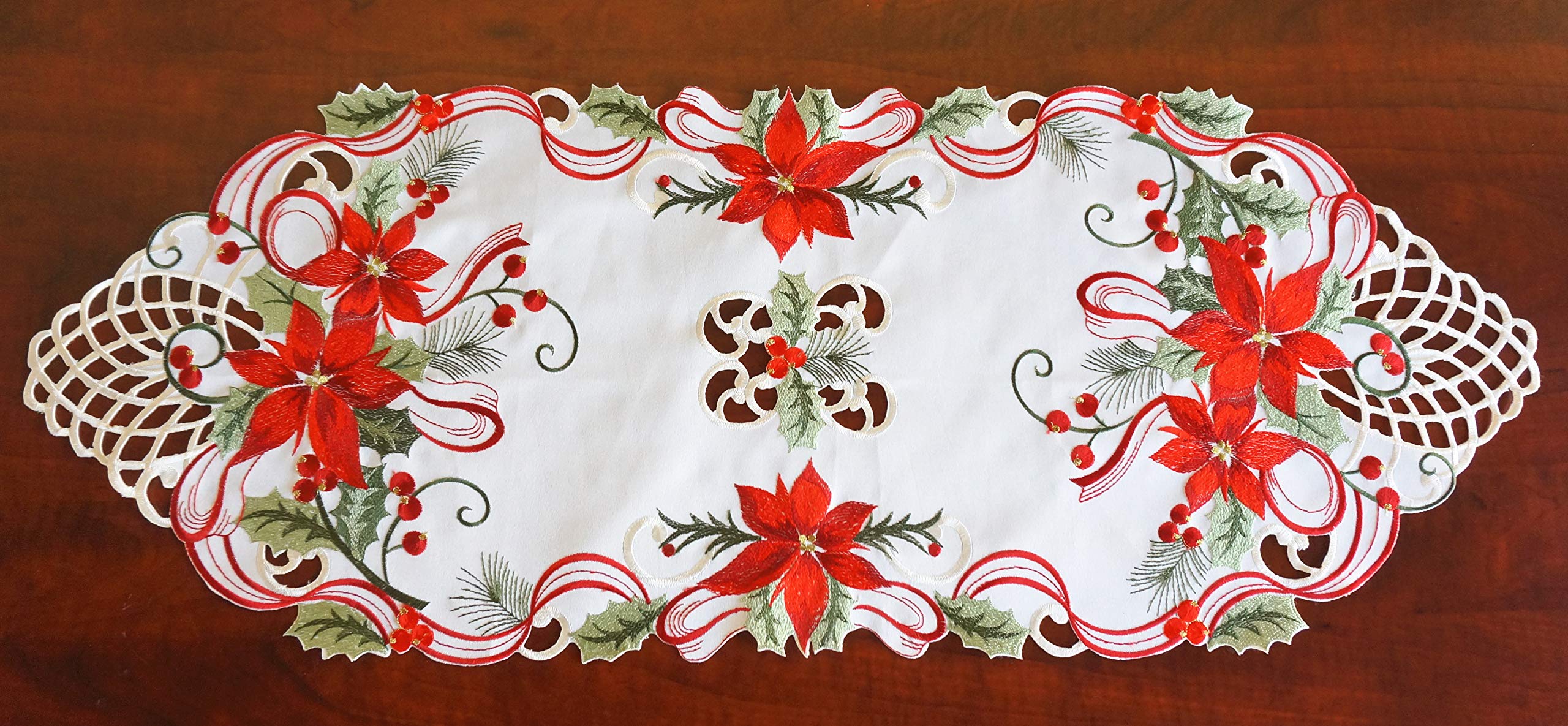 Holiday Christmas Table Runner 13''X34'', Cutwork Embroidered Floral Christmas Flower Dresser Sacrf Table Topper For Home Dining