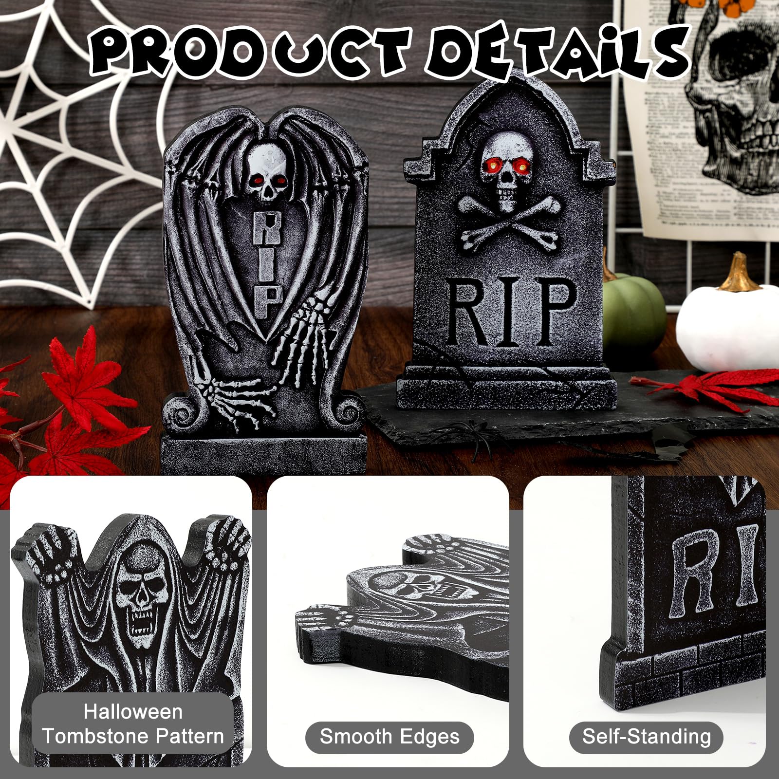 Whaline 5Pcs Halloween Wooden Table Signs Graveyard Tombstone Tabletop Centerpieces Spooky Gravestone Tiered Tray Decor for Home