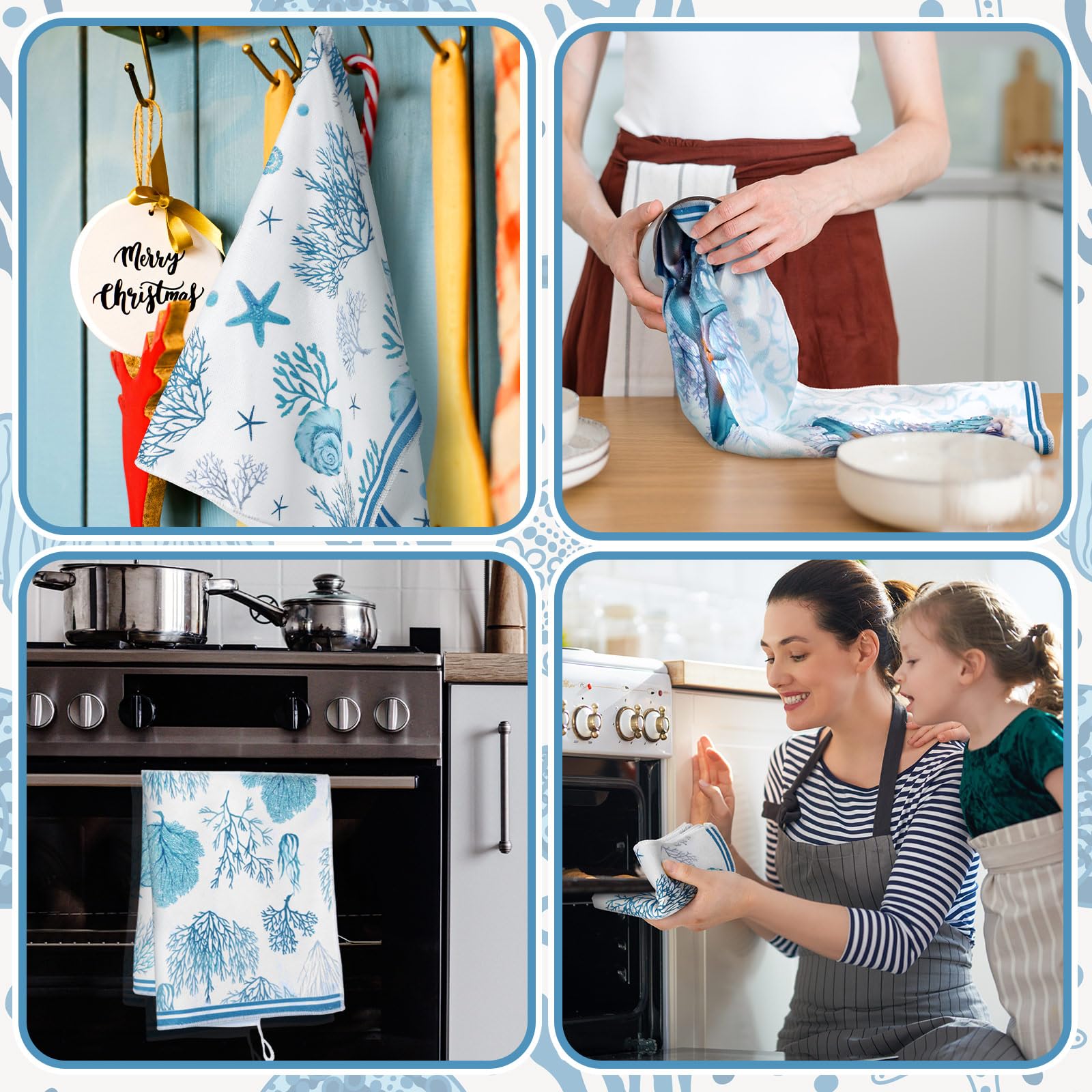 Boyiee Set of 6 Beach Kitchen Towels, Ocean Color, 24x16 Inches, Absorbent Microfiber, Nautical Shell & Starfish Design