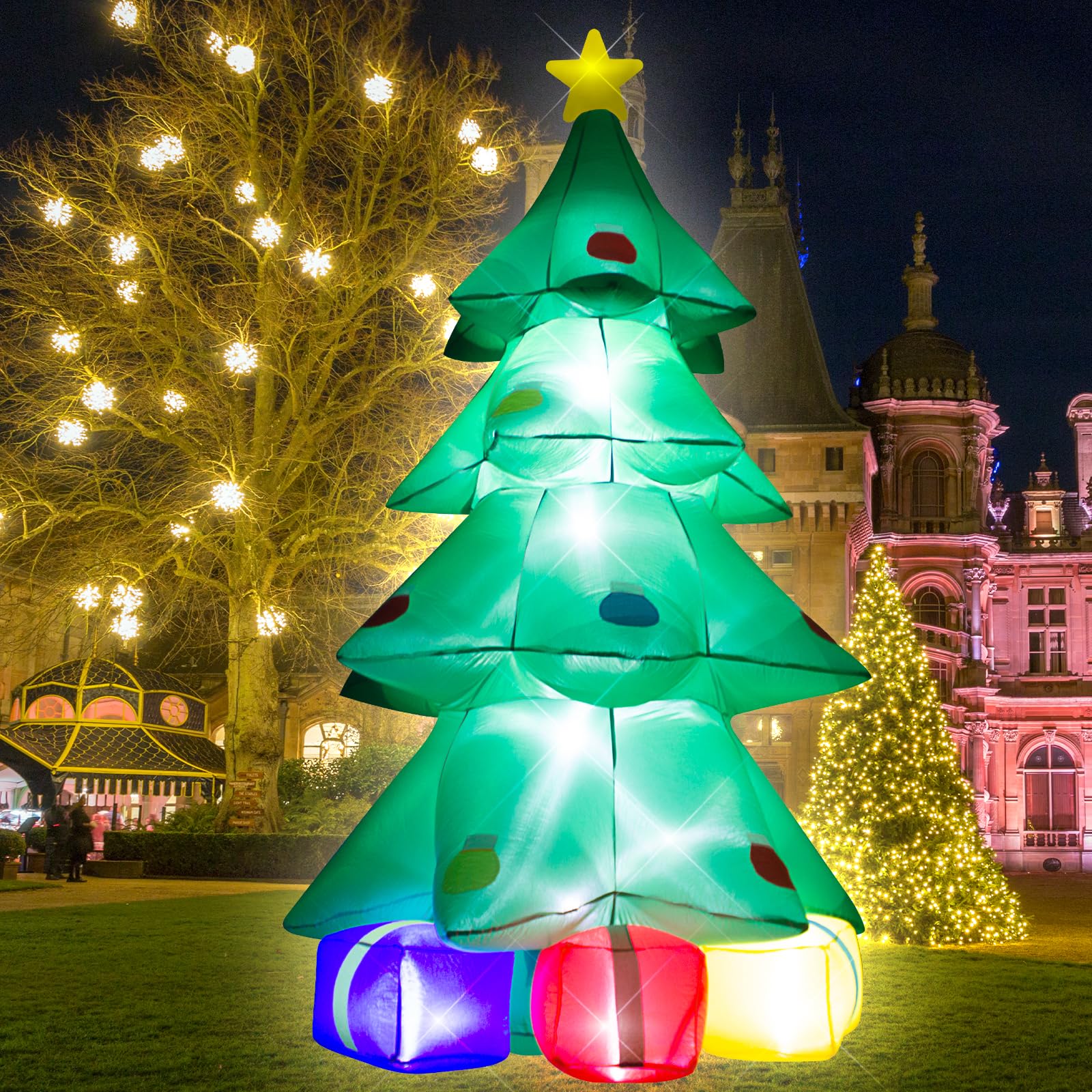 TRMESIA 10ft Christmas Inflatable Tree Gift Box Decoration with LED LED Lights for Party Lawn New Year Blow up Prop Display Indo