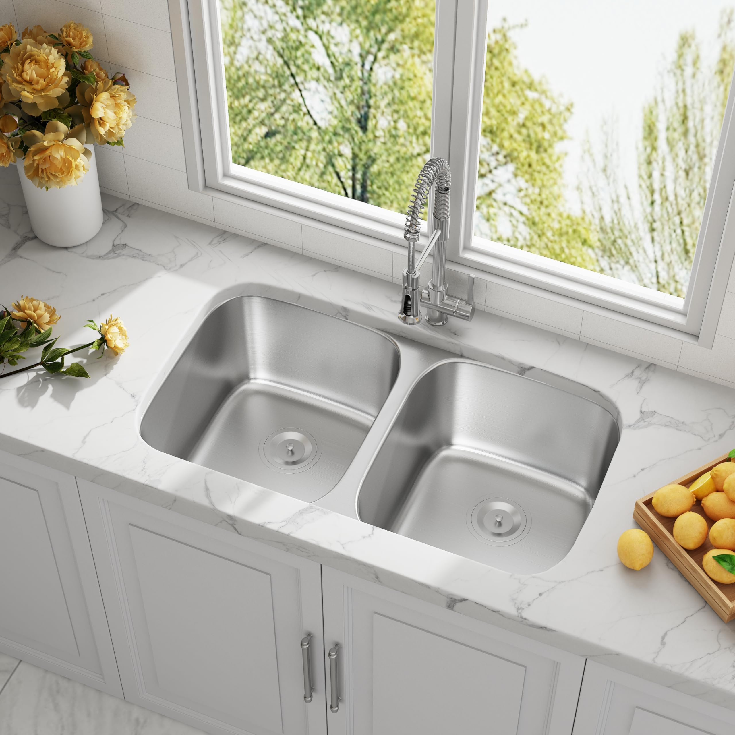 Joviprime 32 Inch Undermount Double Bowl Kitchen Sink 50/50 18 Gauge 304 Stainless Steel Spacious Double Bowl Design Sink With S