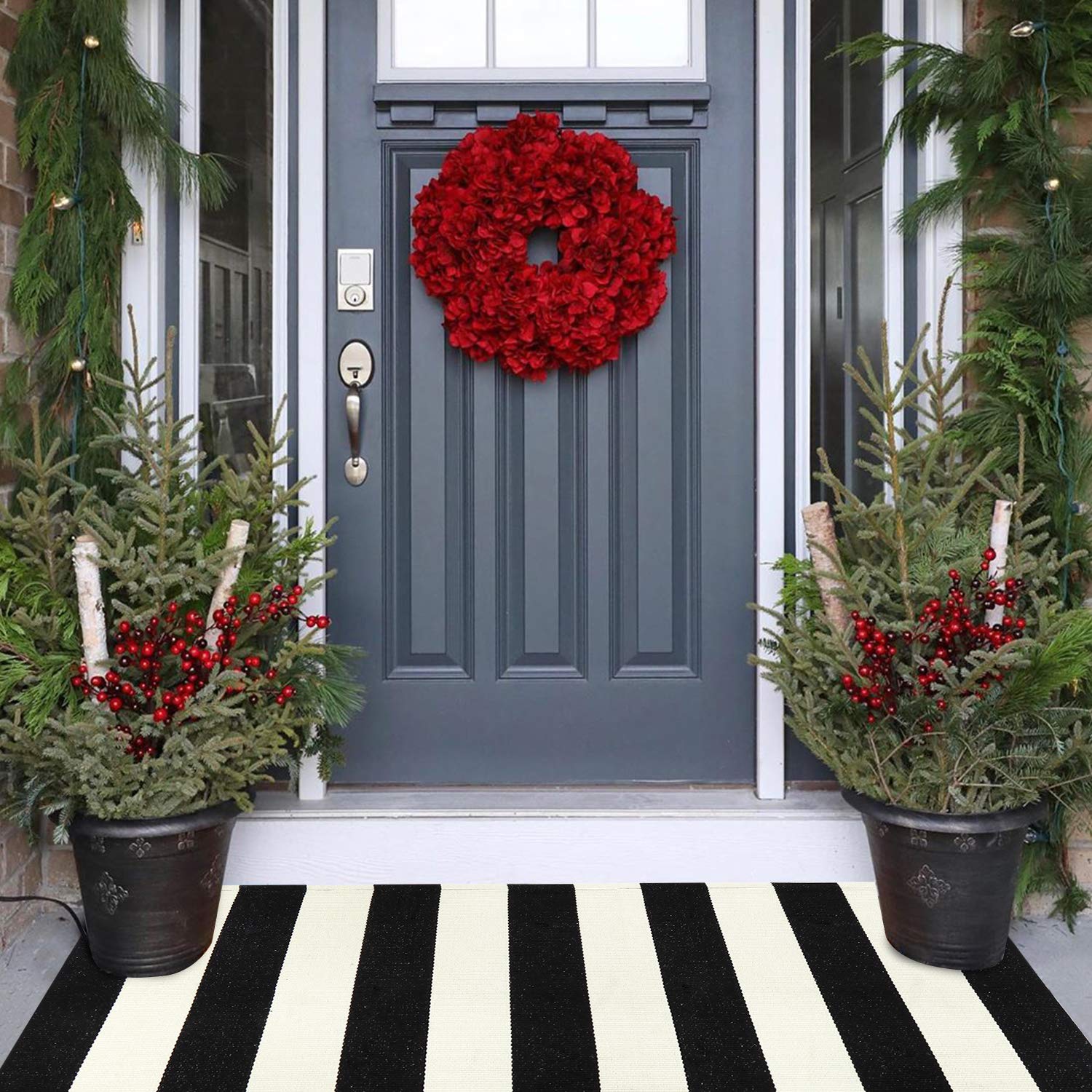 Collive Black and White Outdoor Striped Rug 27.5x 43, Washable Layered Door Mats Outdoor,Farmhouse Front Porch Rug Decor,Cotton 