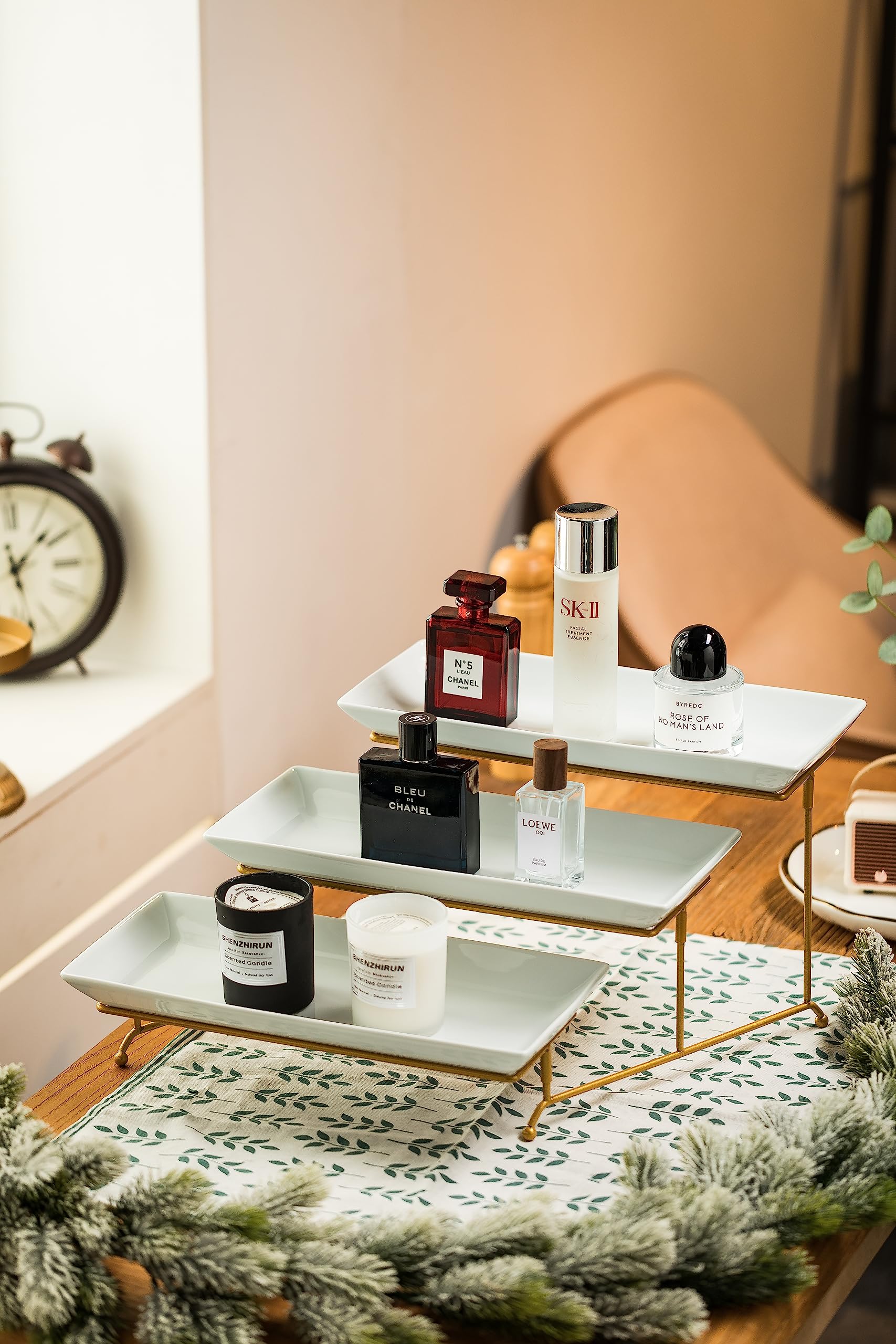 Lauchuh Large 3 Tier Serving Stand Tiered Serving Trays Collapsible Sturdier Rack With 3 Porcelain Serving Platters For Fruit De