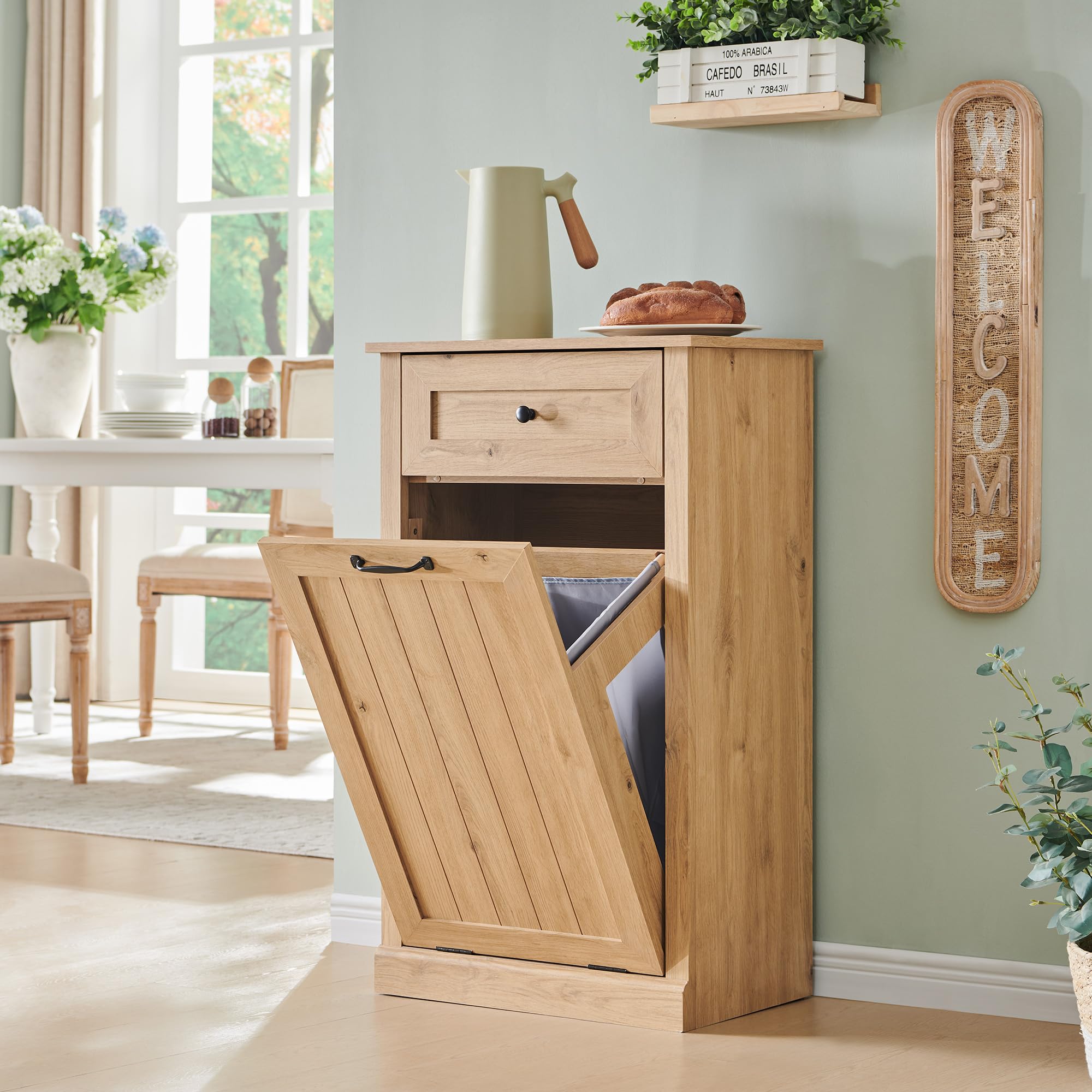 Ifbuy Tilt Out Laundry Hamper Cabinet, 10 Gallon Farmhouse Trash Can Cabinet With Drawer, Hidden Wood Garbage Can Bin Cabinets W