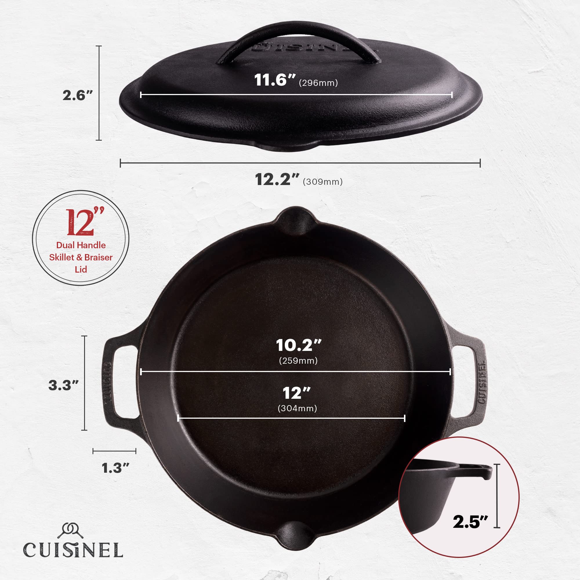 Cast Iron Skillet with Cast Iron Lid - 12-Inch Dual Handle Frying Pan + Pan Scraper + Silicone Handle Holder Covers - Pre-Season