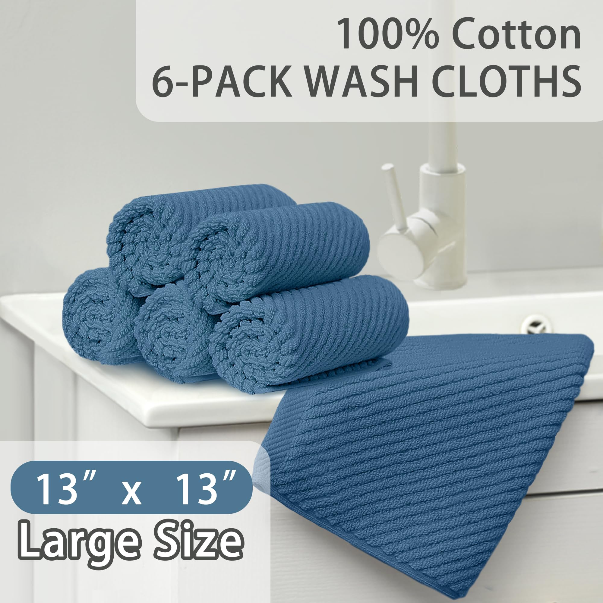 Blue Washcloths 6 Pack, 13''X13'' - 100% Cotton | Lightweight | Thick | Quick Dry | Soft | Absorbent, Wash Cloths For Your Face