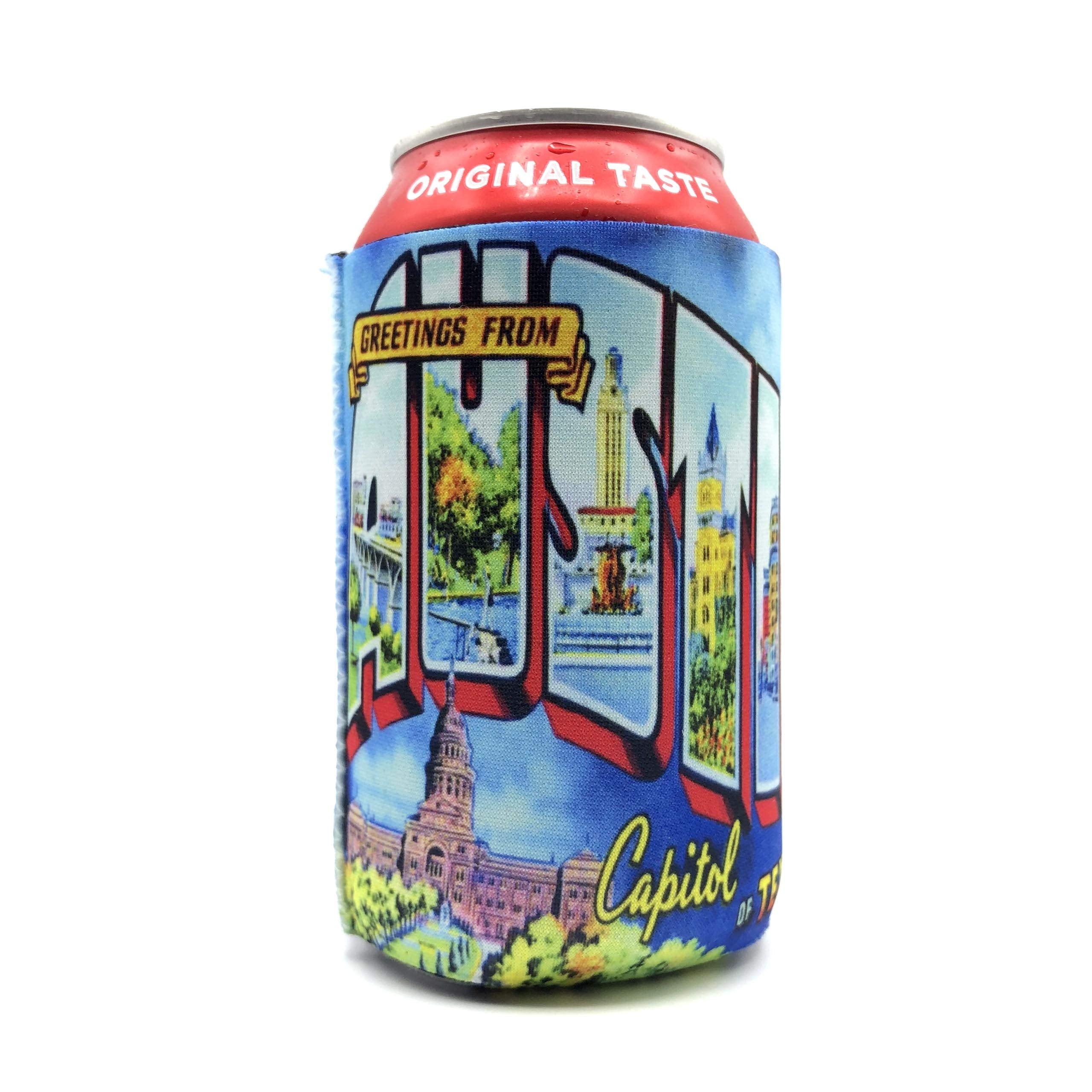Exit82Art - Insulated Neoprene Can Coolers, Set Of 4, Austin Texas Murals, Fits 12 Oz Cans And Longnecks, Collapsible, Dishwashe