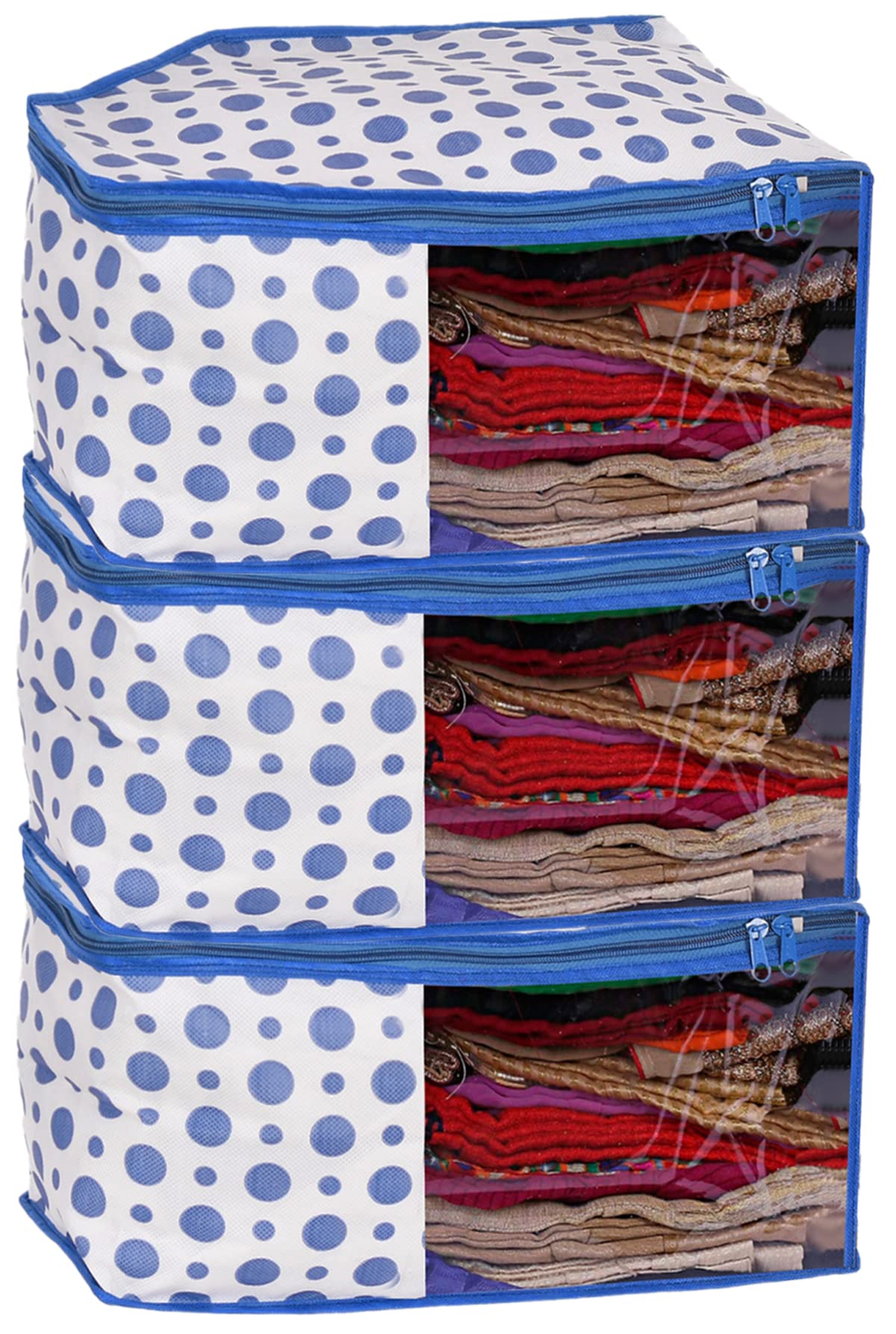 Kuber Industries Dot Printed NonWoven Blouse Cover, Cloth Organizer, Wardrobe Organiser With Tranasparent Window Pack Of 3 (Bl