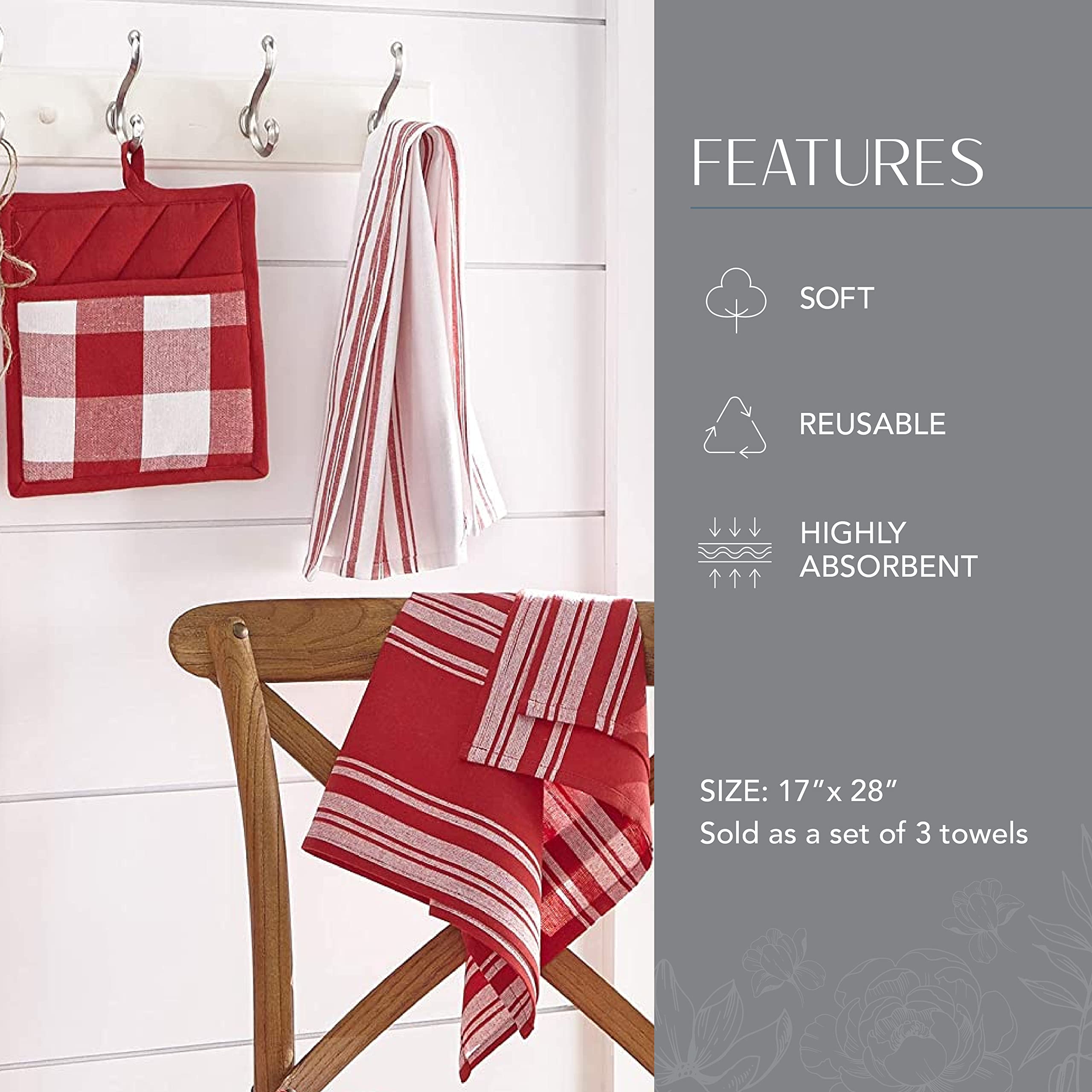 Elrene Home Fashions Farmhouse Living Stripe And Check Kitchen Towels, 17'' X 28'' (Set Of 3), Red/White 3