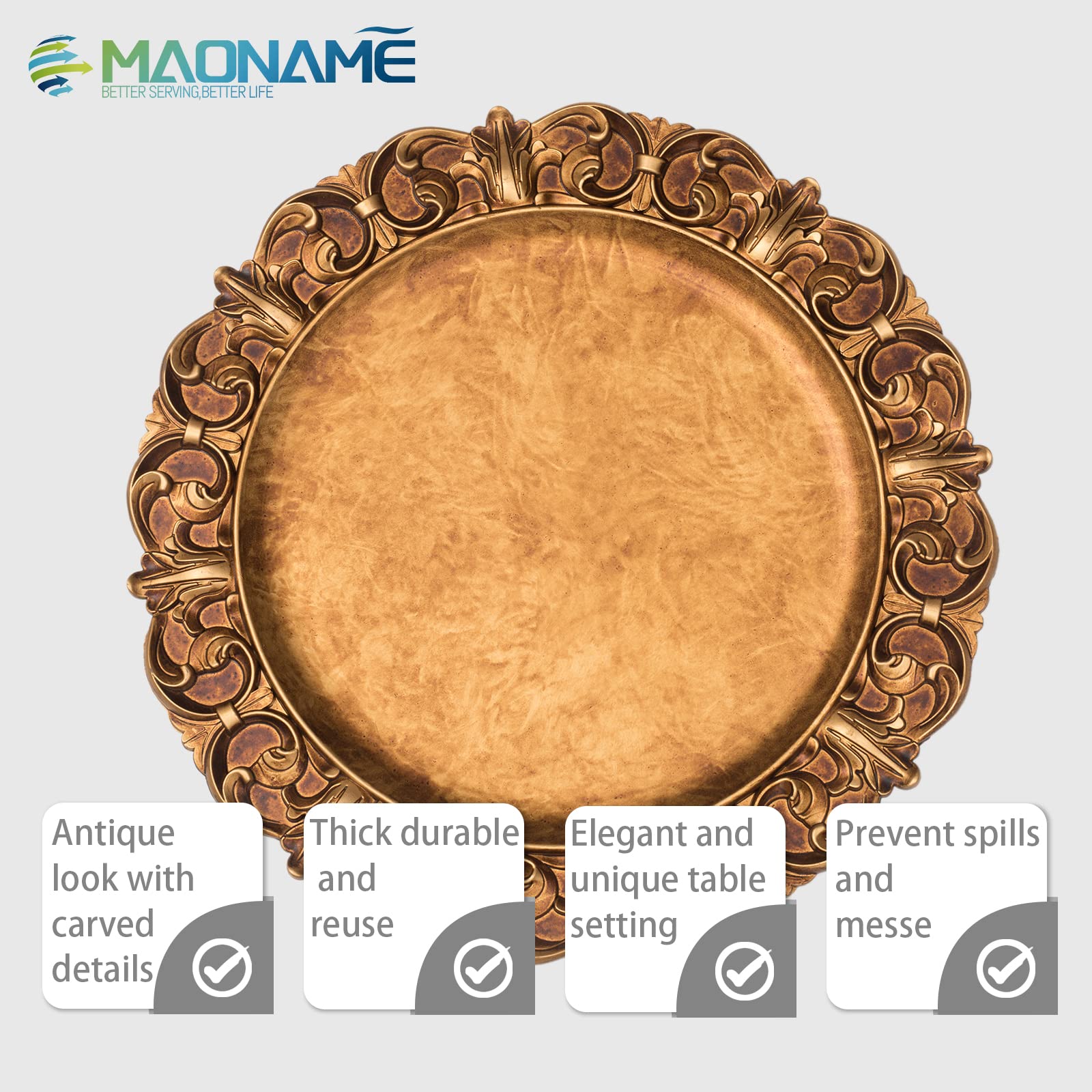Maoname 14'' Antique Gold Charger Plates With Embossed Rims, Set Of 6, Plastic Plate Chargers For Dinner Plates, Table Setting