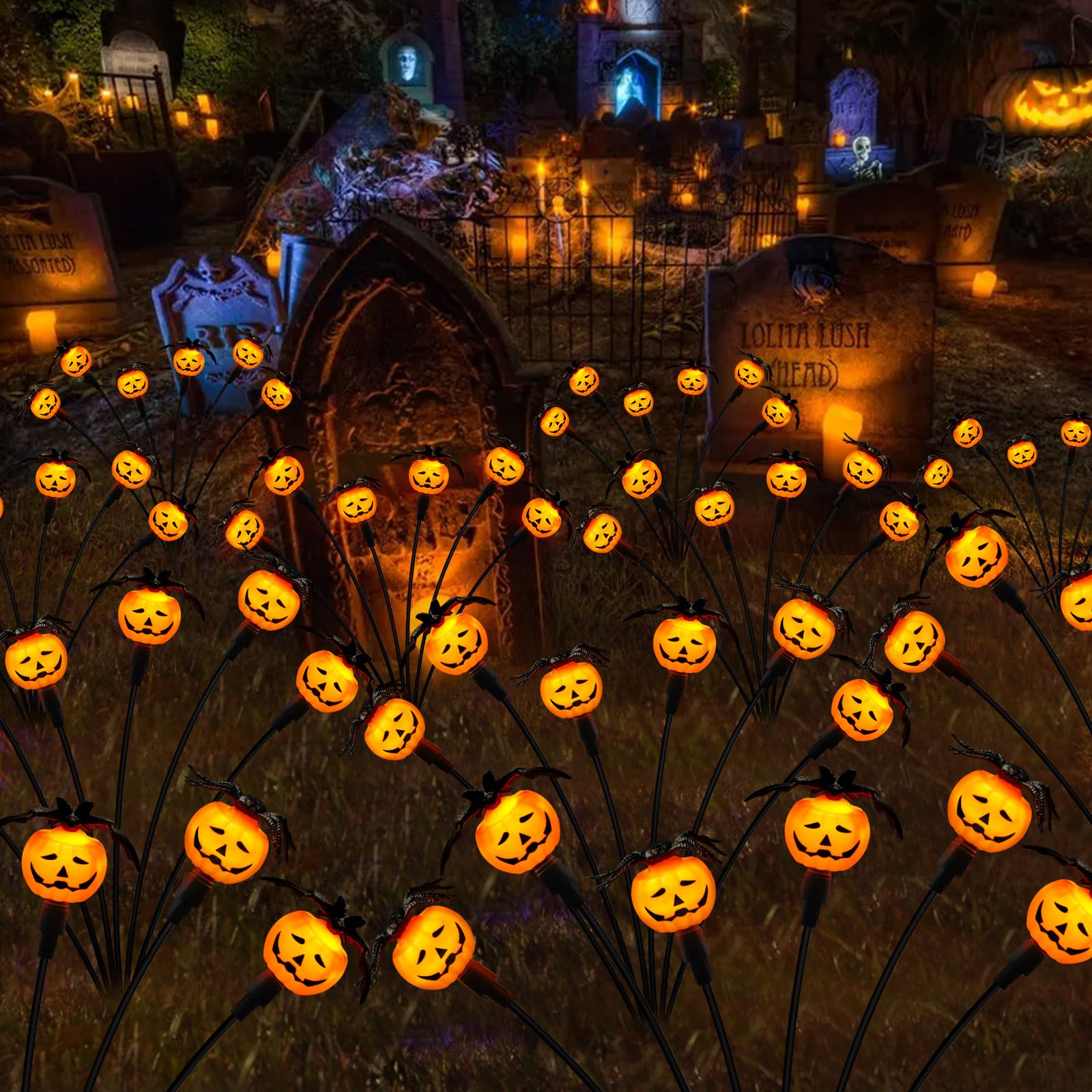 Weepong Halloween Decorations Outdoor 2 Pack Solar Lights, 12 LED Scary Pumpkin Swaying Firefly Lights with Spider & Bats for Ou