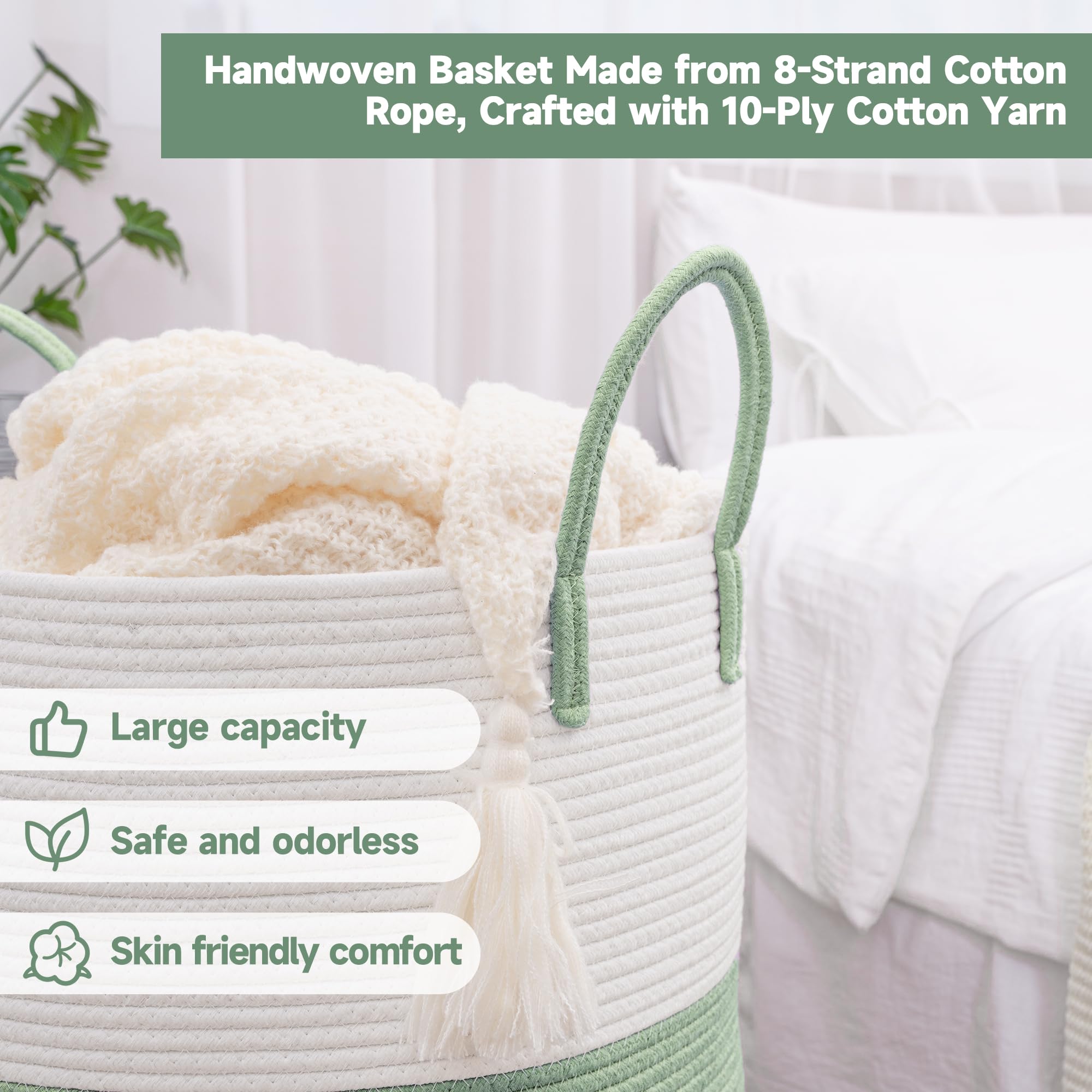 Clhmily&Z 80L Laundry Basket Round Storage Rope Basket - 16.5X22.5 Inches - Green Hamper In Bedreoom And Cute Storage Bin For Bl