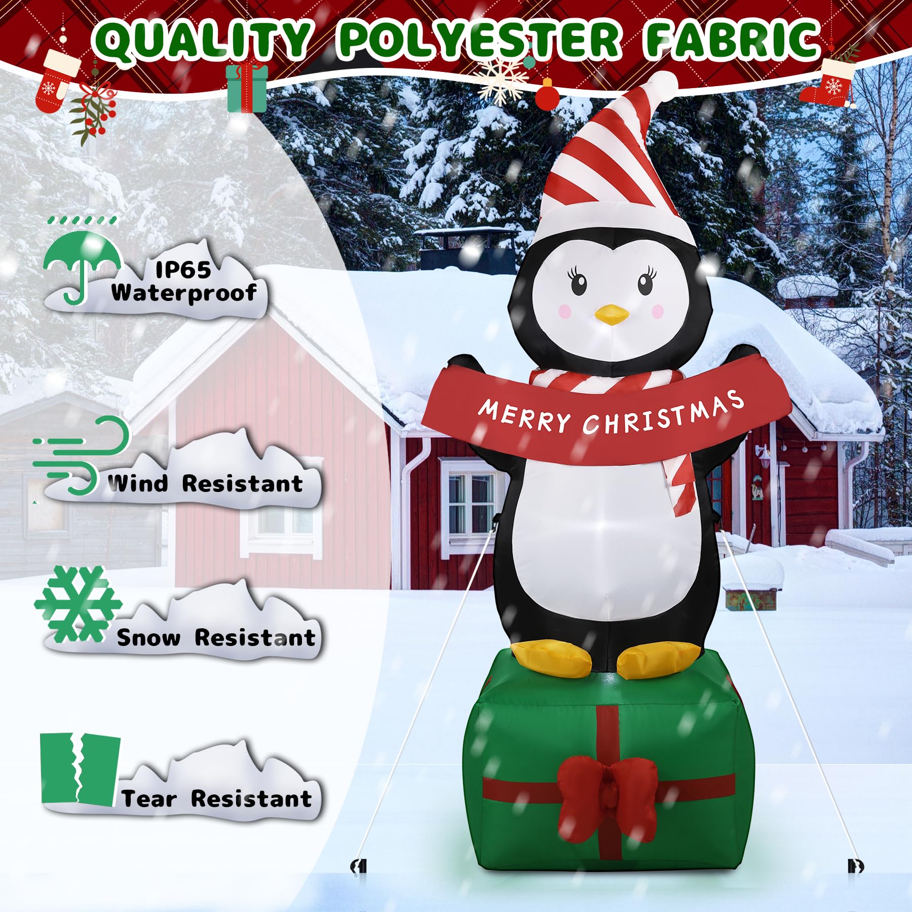 GIFTFIND 6FT Christmas Penguin Inflatables Decoration with LED Lights, Blow Up Outdoor Decoration for Christmas Party, Holiday X