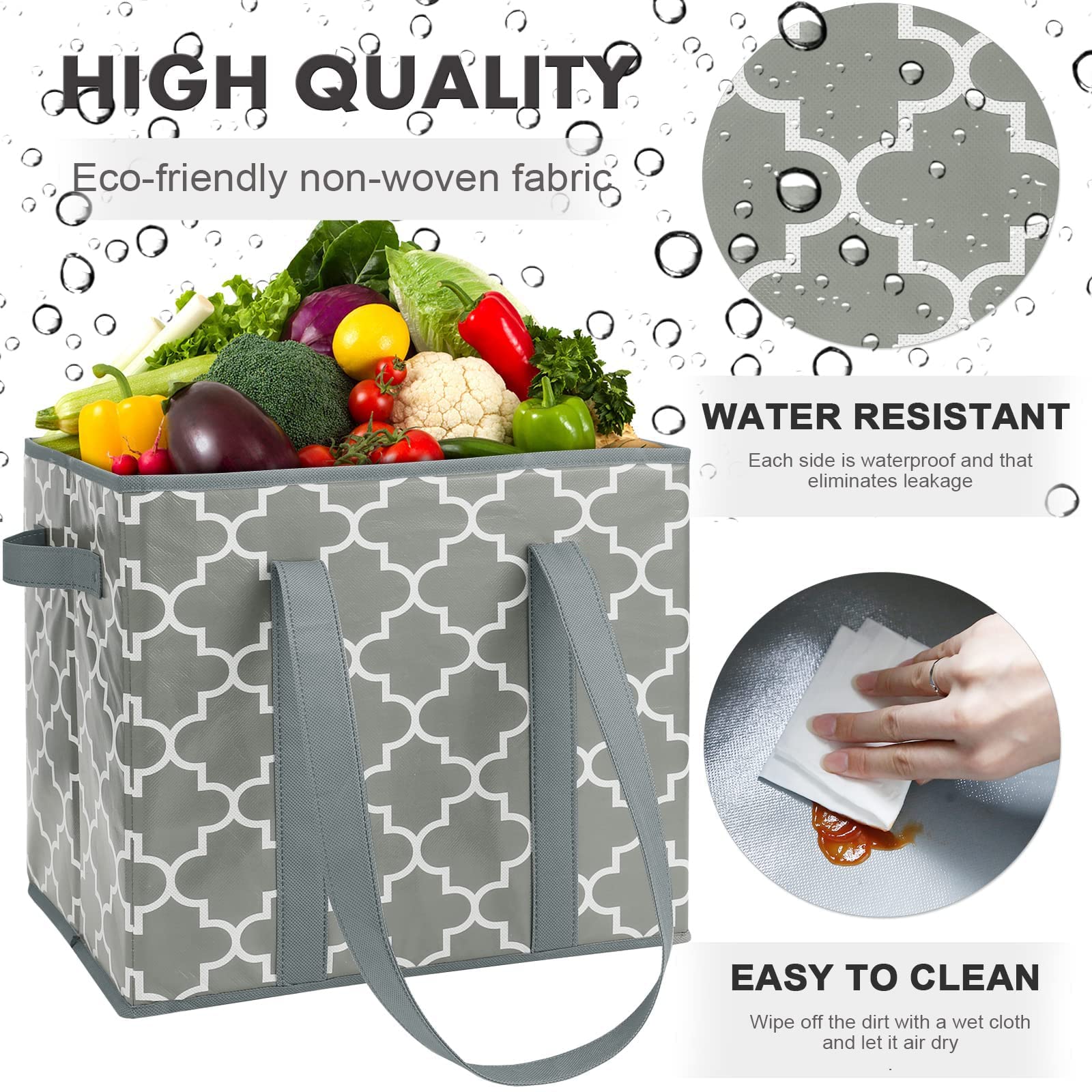 Wiselife 3-Pack Reusable Grocery Bags Foldable Washable Storage Bins Basket Water Resistant Shopping Utility Tote Bag Grey