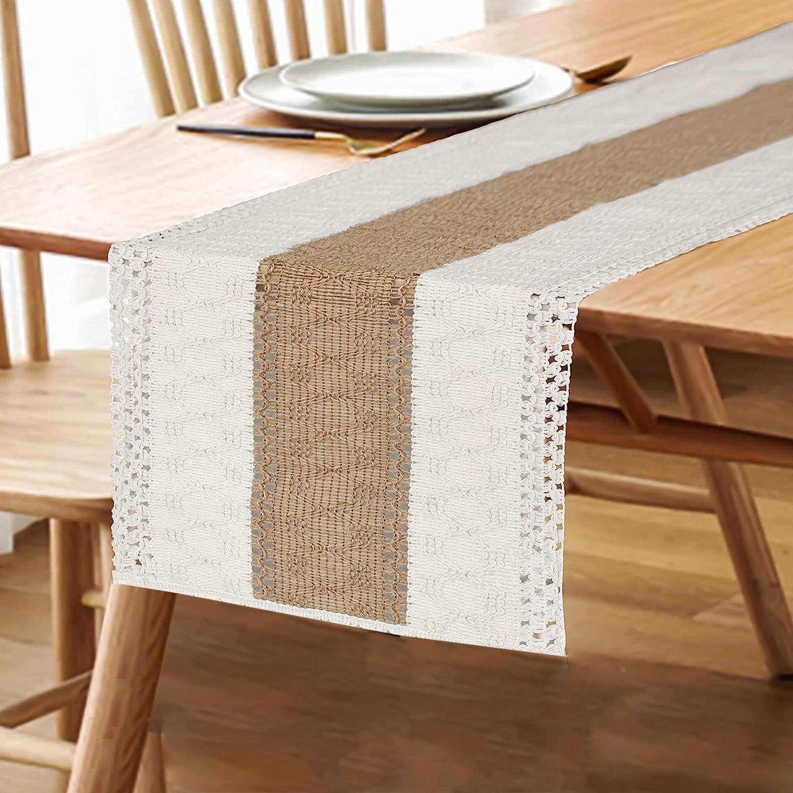 FEXIA Boho Table Runner for Thanksgiving Home Decor 48 Inches Long Farmhouse Rustic Table Runner Cream & Brown Macrame(Without T