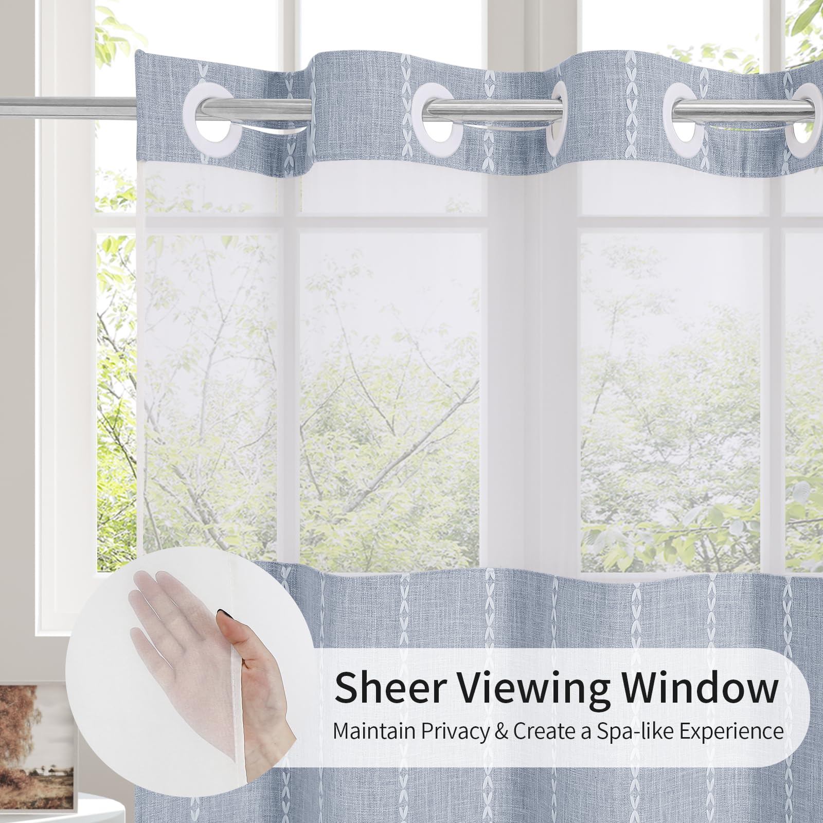 No Hooks Needed Farmhouse Shower Curtain With Snap-In Liner - With Window & Magnets, Boho Cotton Linen Fabric Shower Curtains Wi