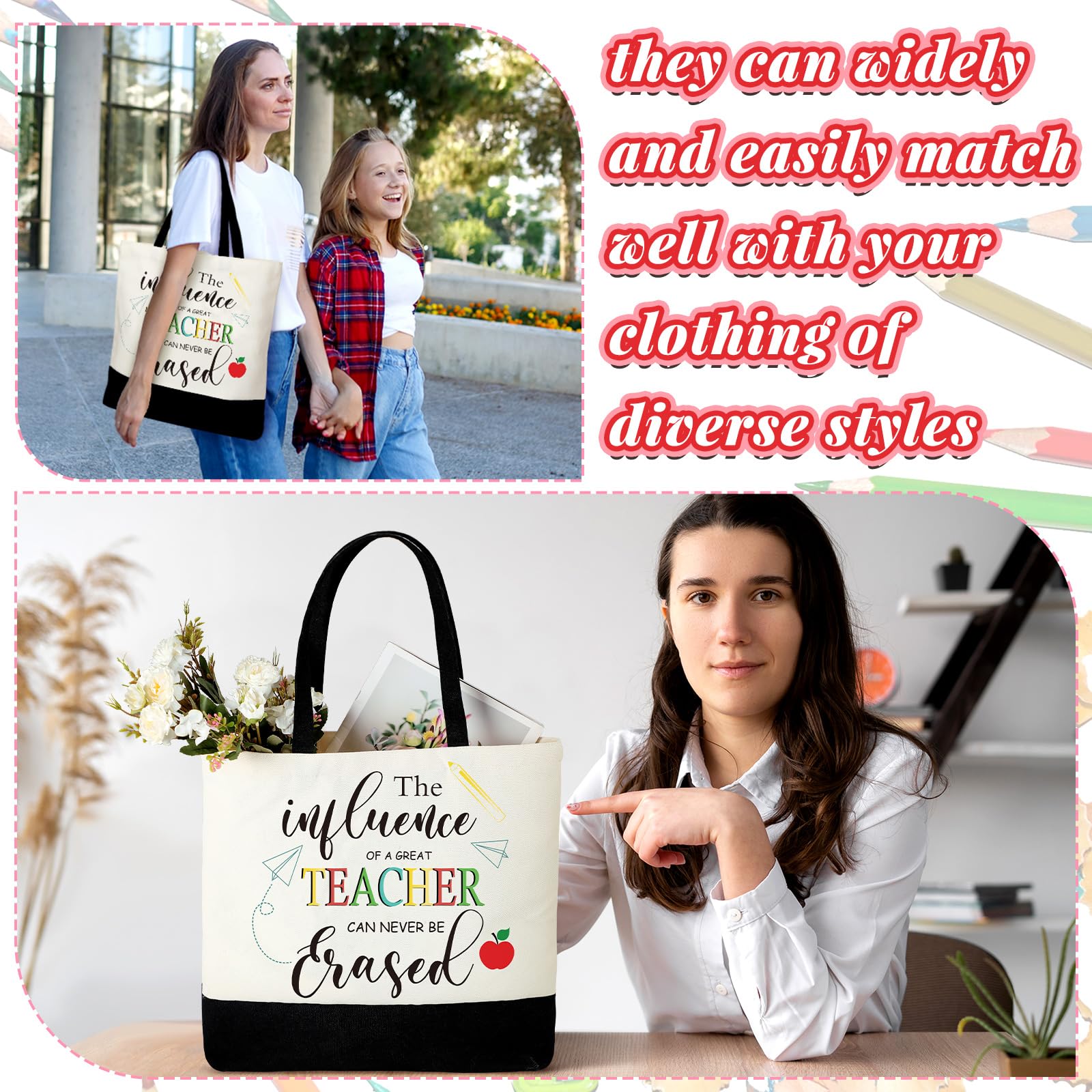 2 Pcs Teacher Appreciation Gift Set - Rainbow Christmas Canvas Tote With Makeup Bag, Survival Kit for Xmas and Graduation (Words