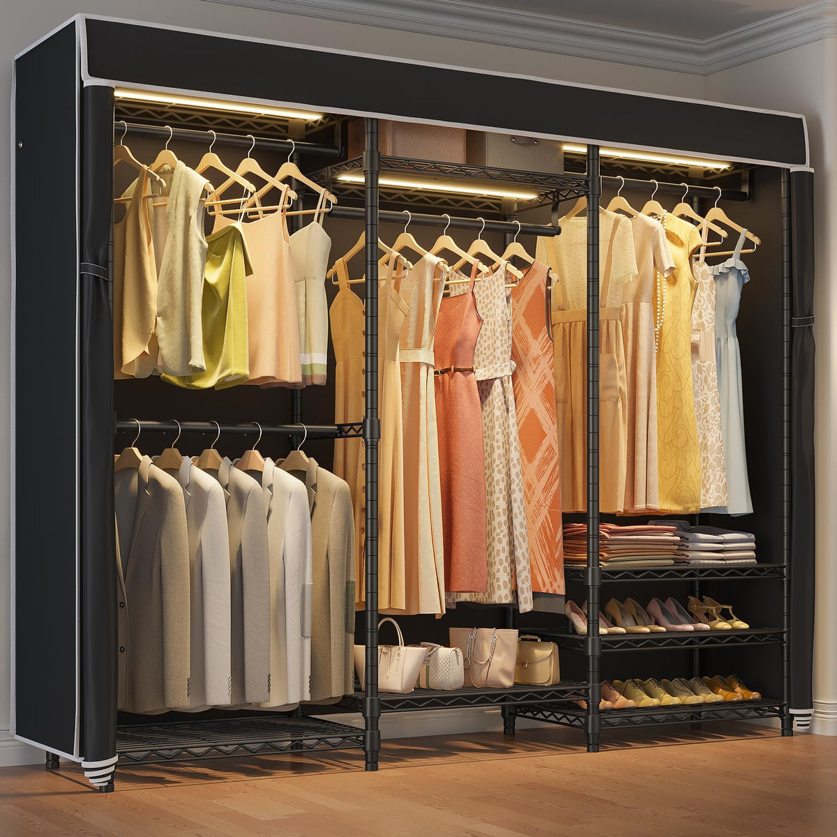 Vipek V5L Garment Rack Heavy Duty Covered Clothes Rack With Dimmable Led Lights, 3000K Warm White, Portable Closet Wardrobe Free