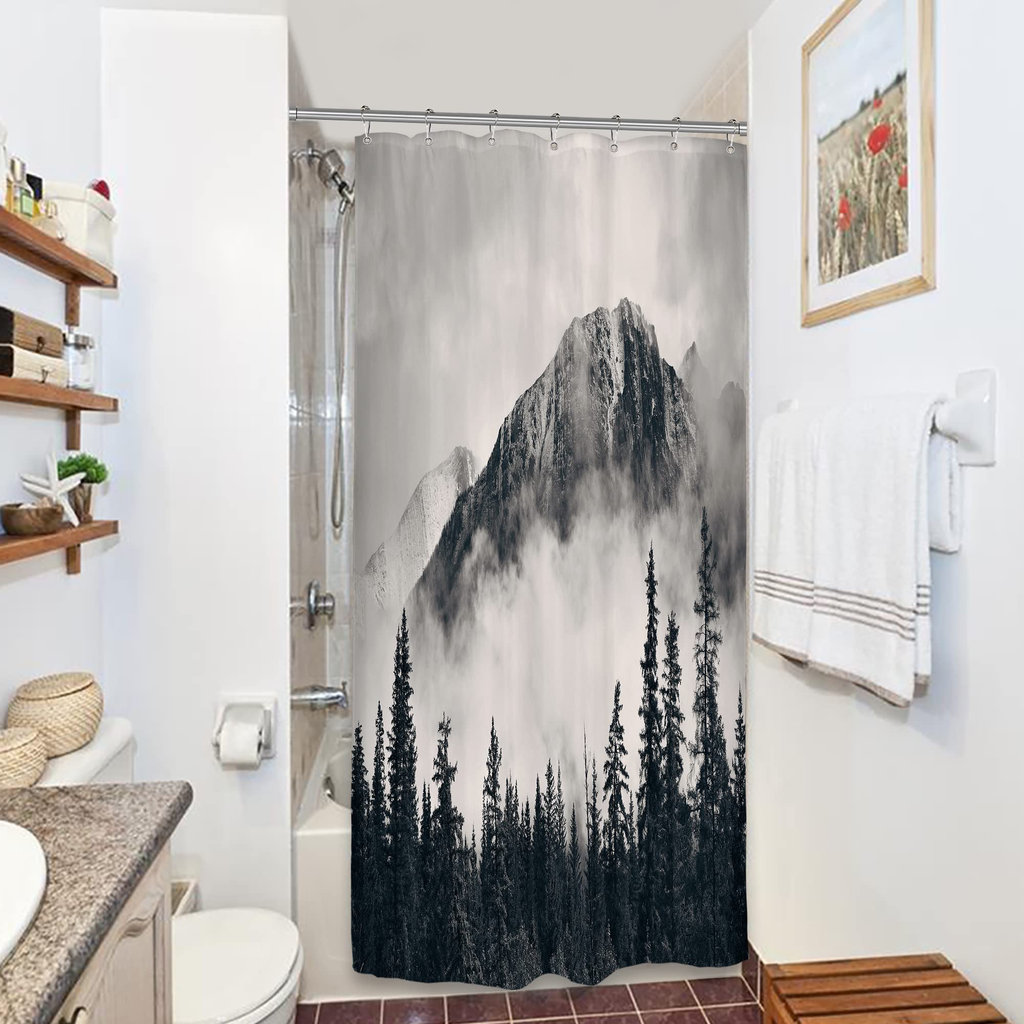 Riyidecor Small Stall Rv Misty Shower Curtain 39Wx72H Inch Mountain Nature Rustic Scenery Foggy Smokey Tree National Parks Outdo