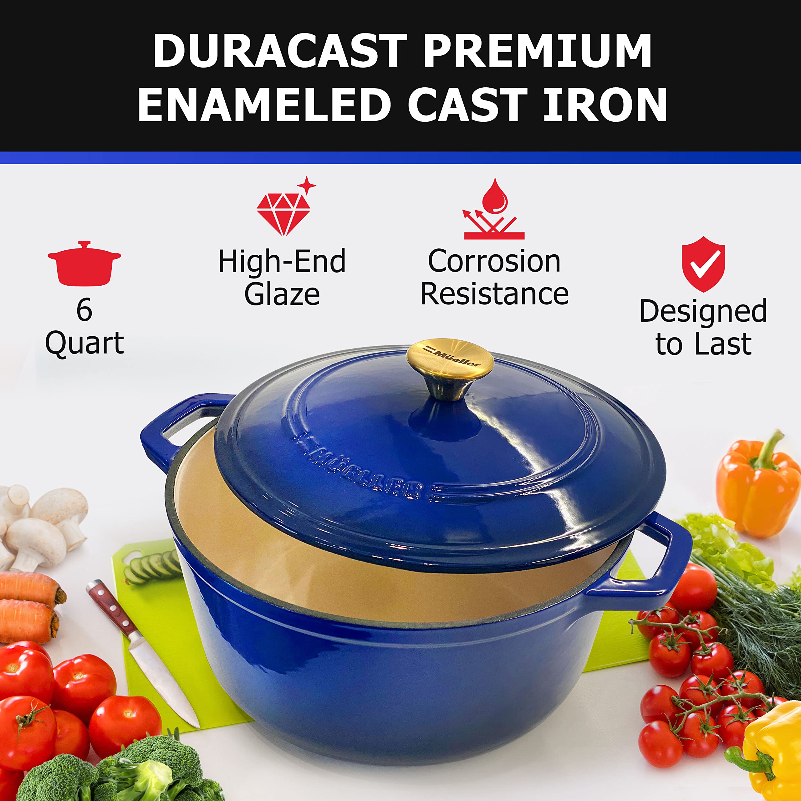 Mueller 6Qt Enameled Cast Iron Dutch Oven, Heavy-Duty Casserole And Braiser Pan With Lid And Knob, Safe For All Cooktops - Blue