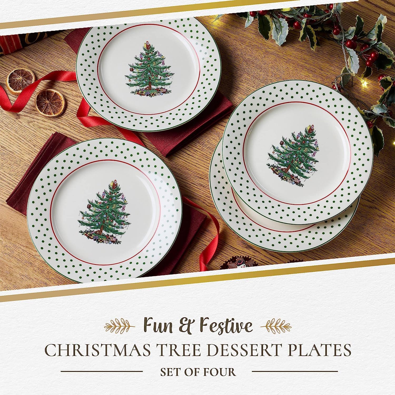 Spode Christmas Tree Polka Dot Dessert Plate (Set of 4) - Festive 8-Inch Stoneware Plates for Holiday Entertaining, Appetizers,