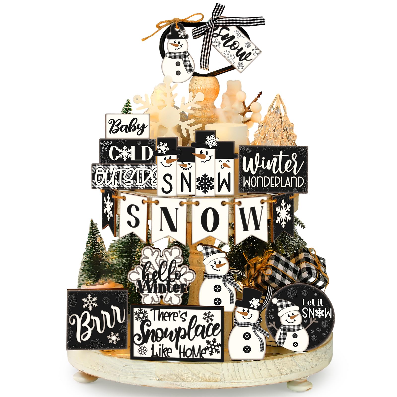 Funnymoom 24 Pcs Winter Tiered Tray Decor Set Winter Tiered Tray Decorations Snowman Wooden Signs Snowflakes Table Centerpieces 