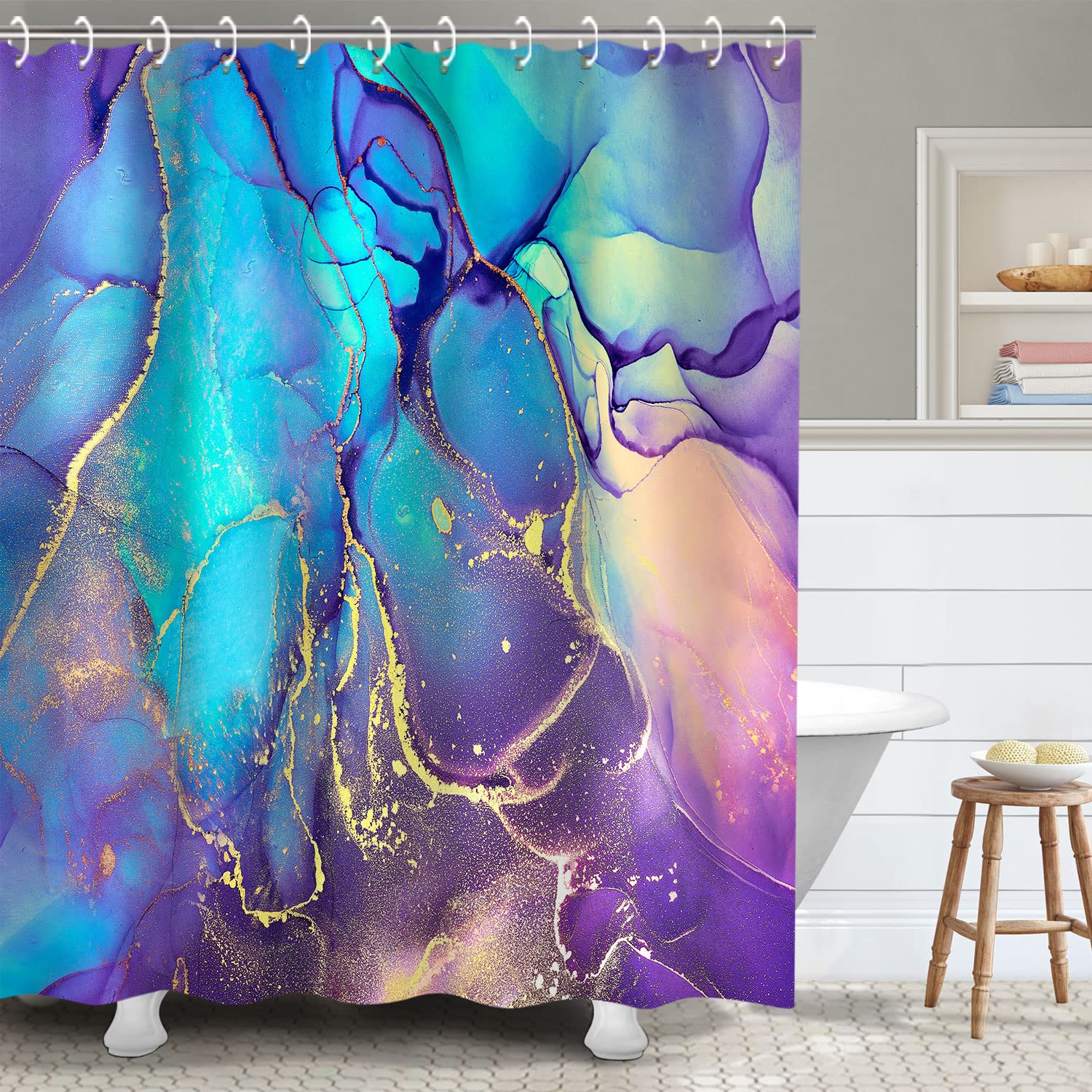 Rosielily Purple?Arble?Hower Curtain,?Lue?Bstract?Athroom?Urtain, Colorful?Mbre Shower Curtains Set With 12 Hooks,?Ink And Gold?
