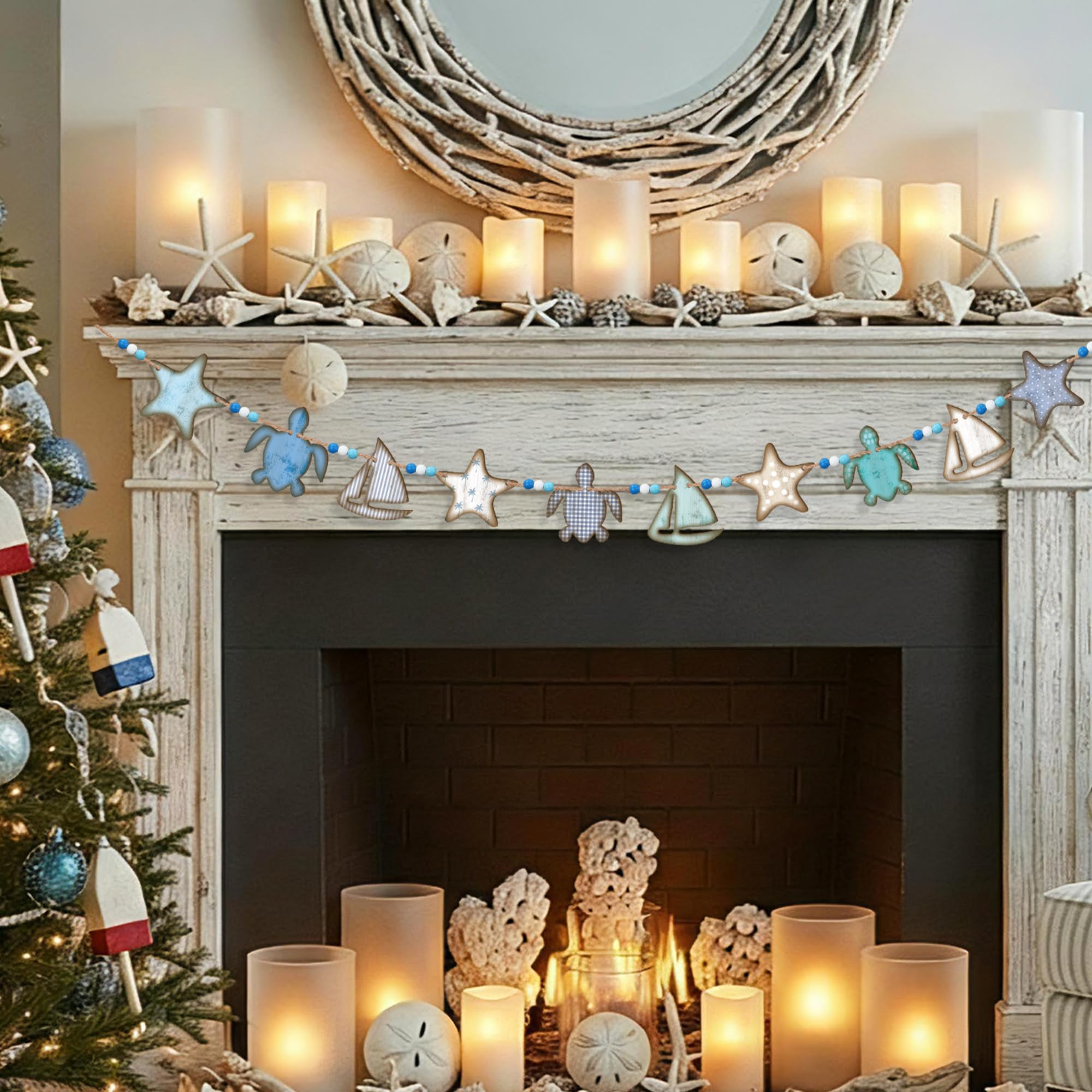 Cinnvoice Vintage Sea Turtle and Starfish Garland Sailboat Banner Ocean Coastal Nautical Party Decoration Turtle Birthday Hangin