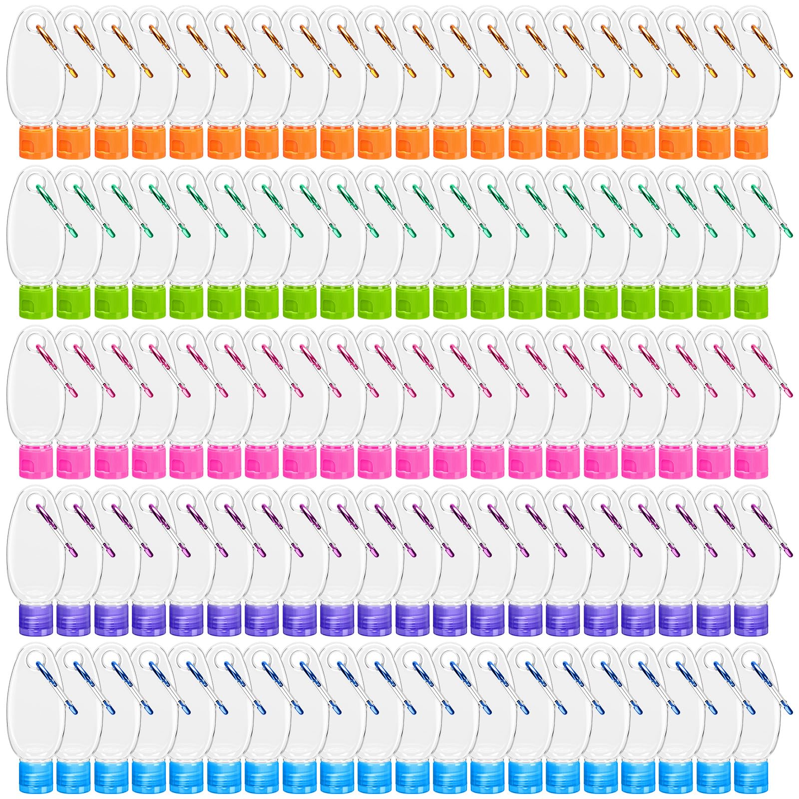 Yalikop 100 Pcs Traveling Bottles with Keychain 1oz Clear Plastic Keychain Bottle Leakproof Refillable Keyring Container Liquid 