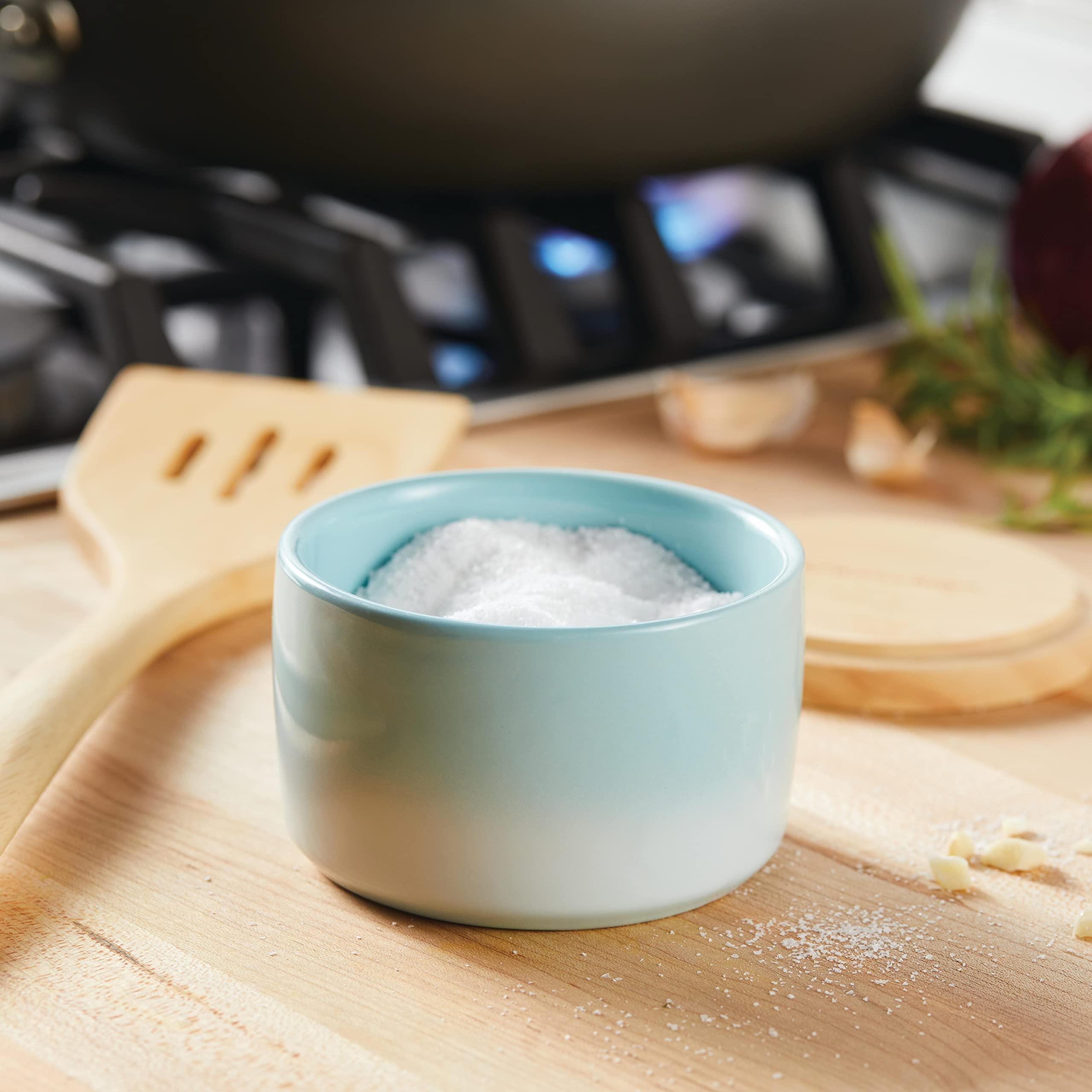 Rachael Ray Solid Glaze Ceramics Salt And Spice Box With Wood Lid For Seasoning, Cooking, Serving, 9 Ounce, Light Blue Ombre