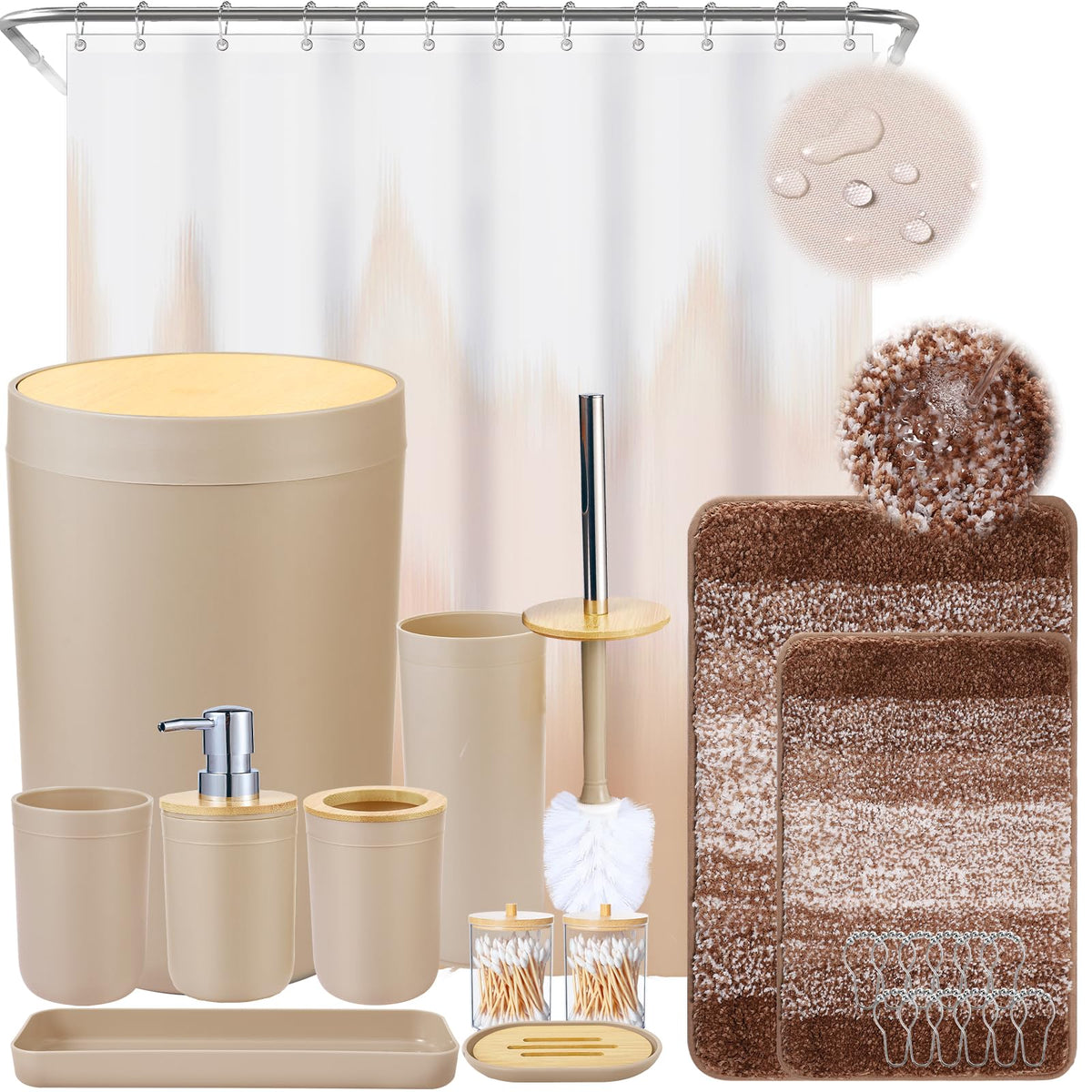 Imucci Bathroom Accessories Beige Bathroom Sets With Shower Curtain And Rug, Beige Ombre Waterproof Shower Curtain With Ultra Ab