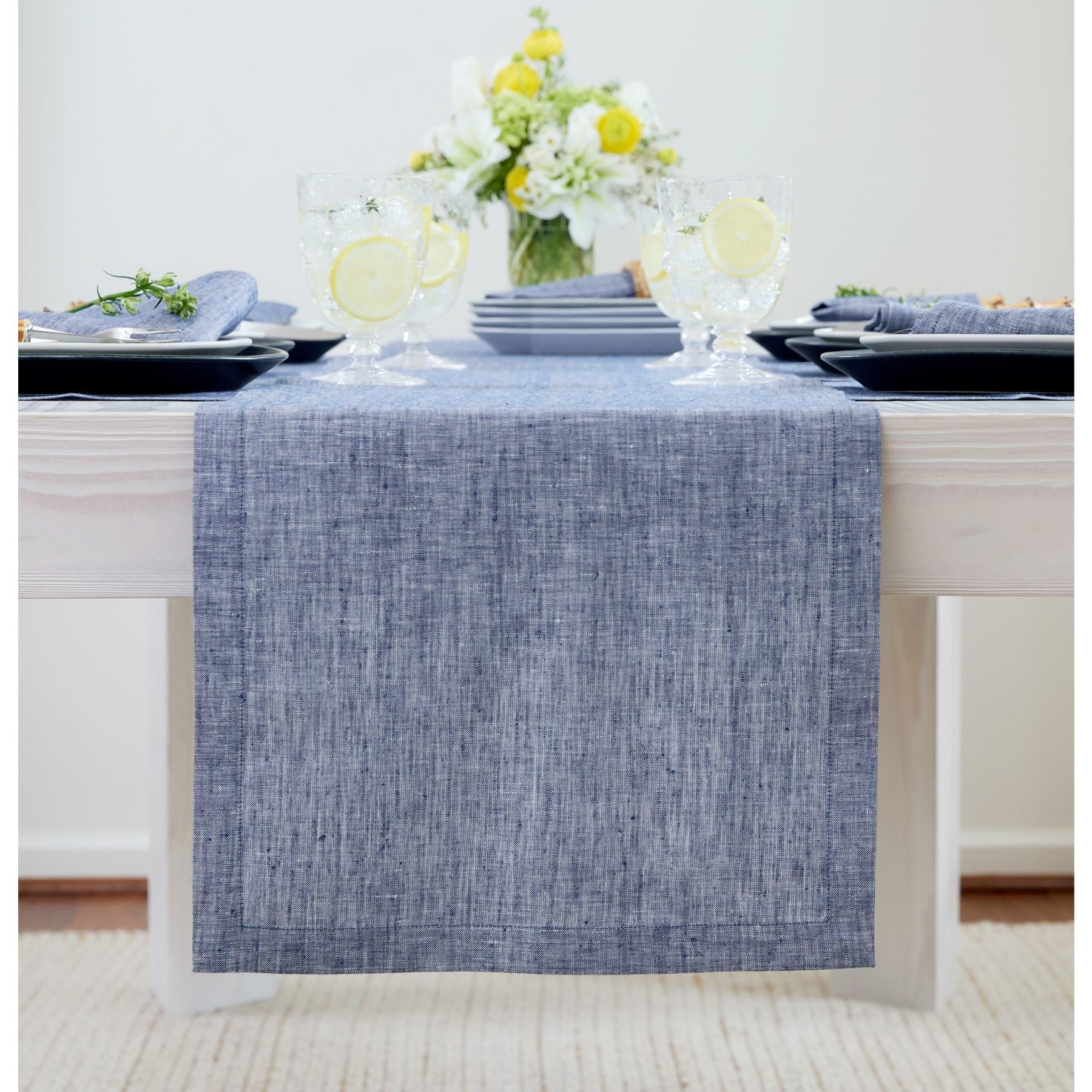 Solino Home Linen Table Runner 60 Inches Long - 100% Pure Linen Chambray Indigo Table Runner 14 X 60 Inch - Machine Washable Din