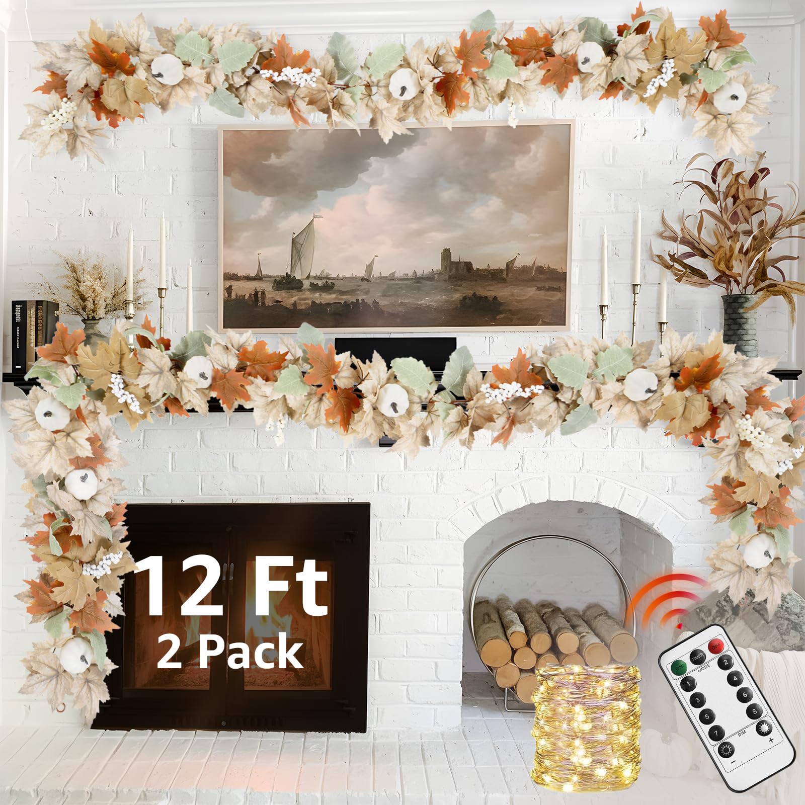 Neutral Fall Garland for Mantle Fireplace - 2 Pack Total 24Ft Outdoor Autumn Leaves Decor for Home Front Door with Pumpkins Indo