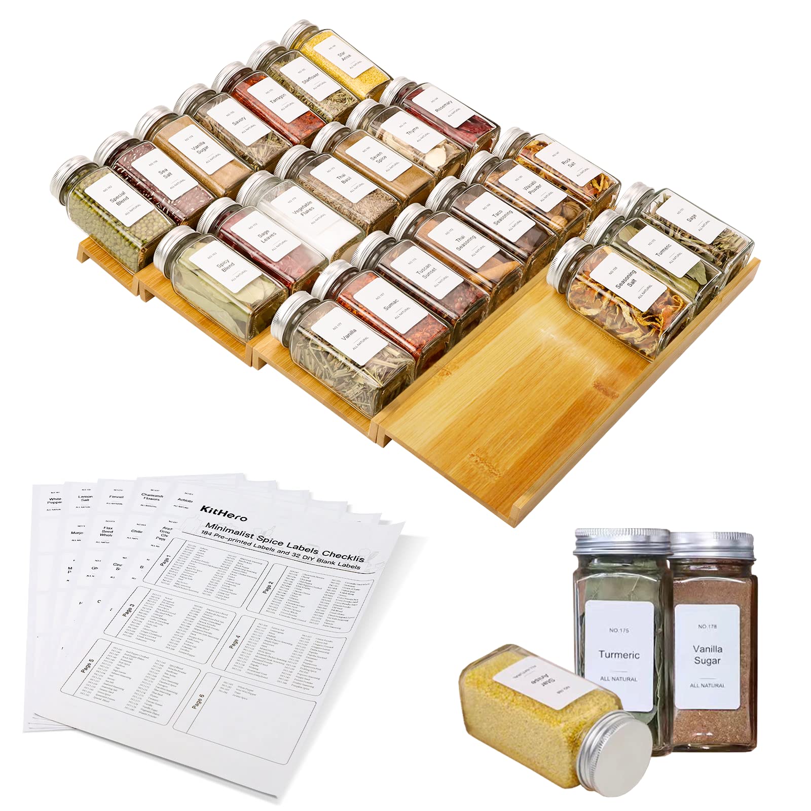KitHero Spice Drawer Organizer with 24 Spice Jars and 216 Labels,Non-slip Rubber, Bamboo 4 Tier Spice Racks Tray Seasoning Conta